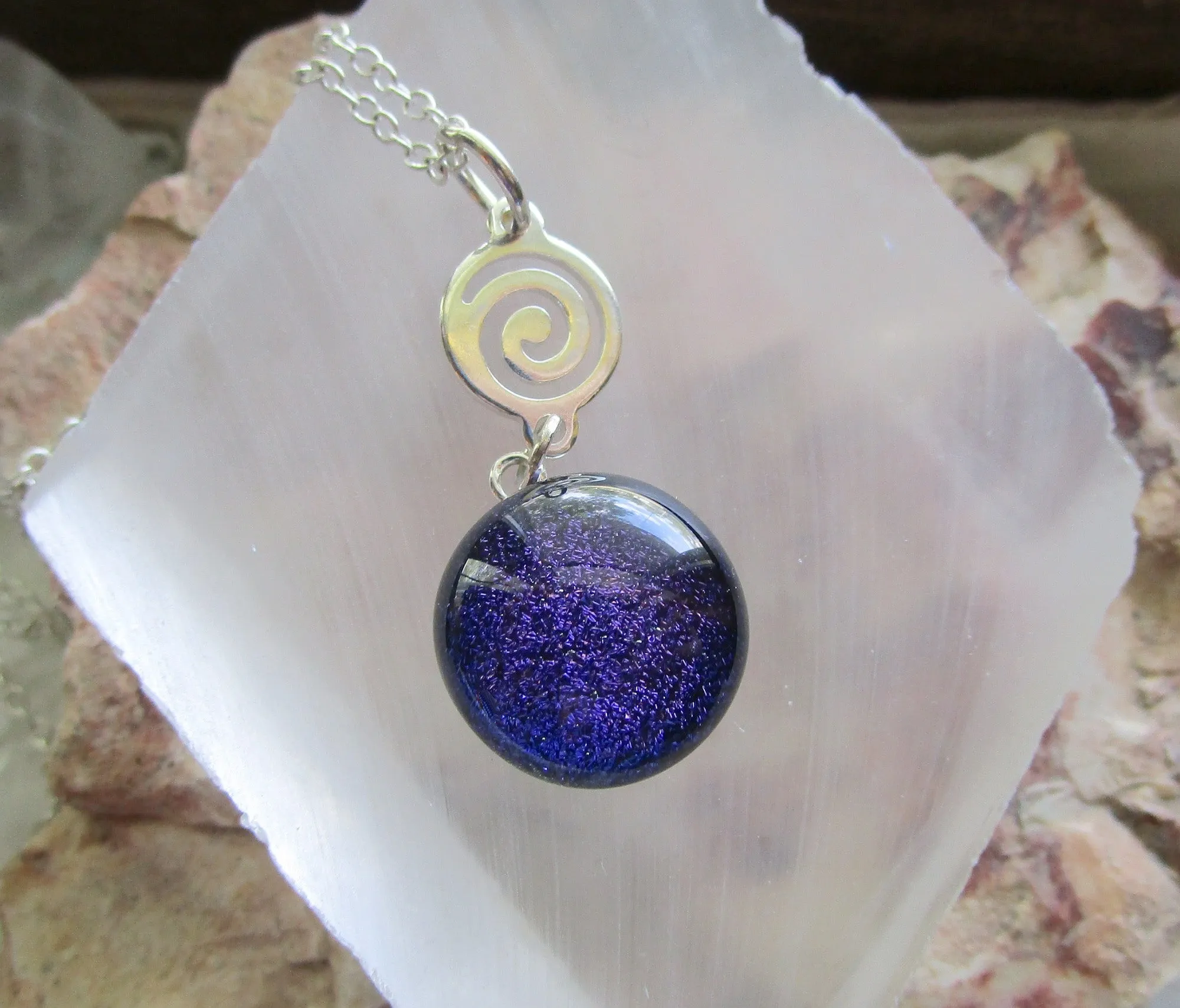 Purple Dichroic Twinkle Glass Silver Spiral Pendant Necklace
