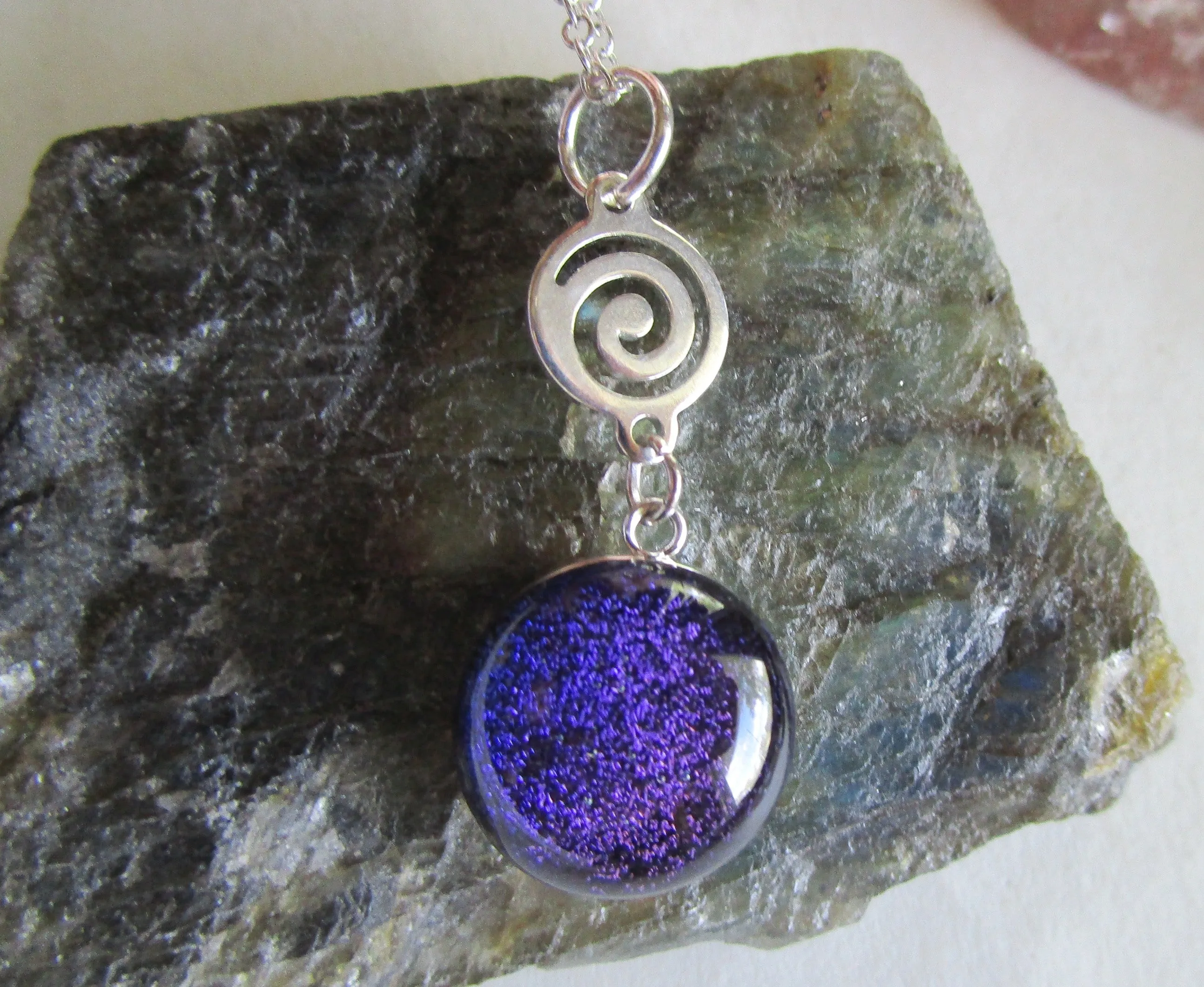 Purple Dichroic Twinkle Glass Silver Spiral Pendant Necklace