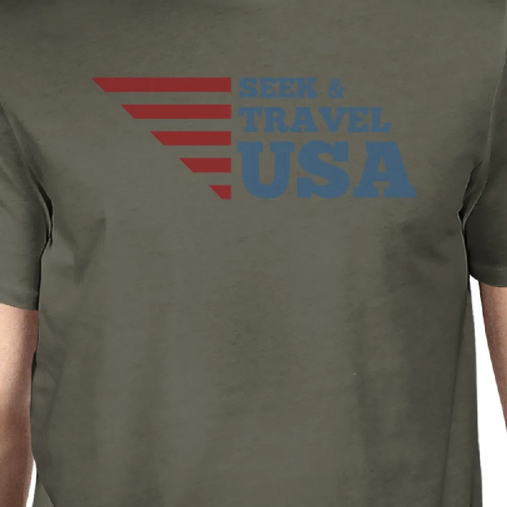 Seek & Travel USA American Flag Shirt Mens Grey Cotton Graphic Tee