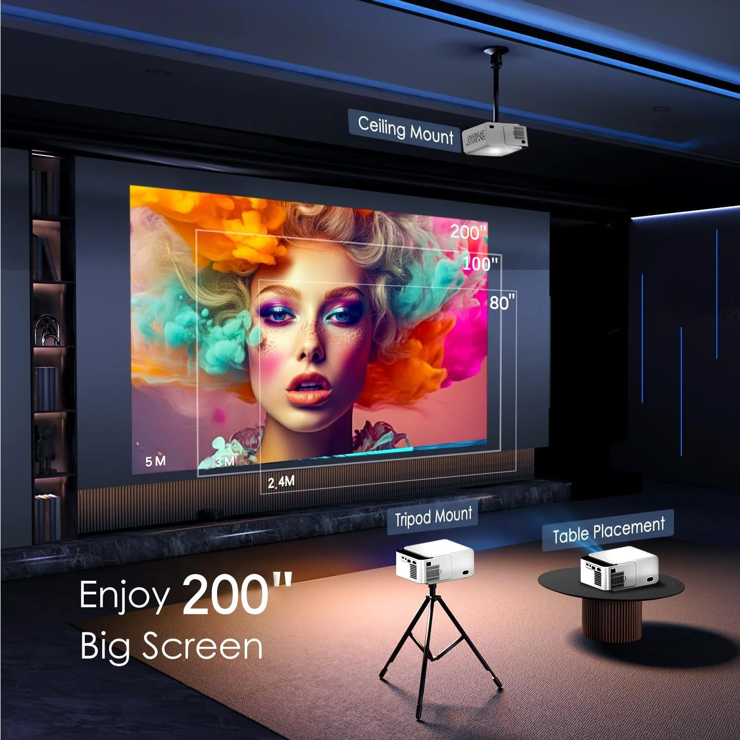 Smart Mini Projector with WiFi and Bluetooth [Android 13.0/Electric focus] Portable Projector 4K Support, HD 1080P Supported Home Theater Video Projector -White