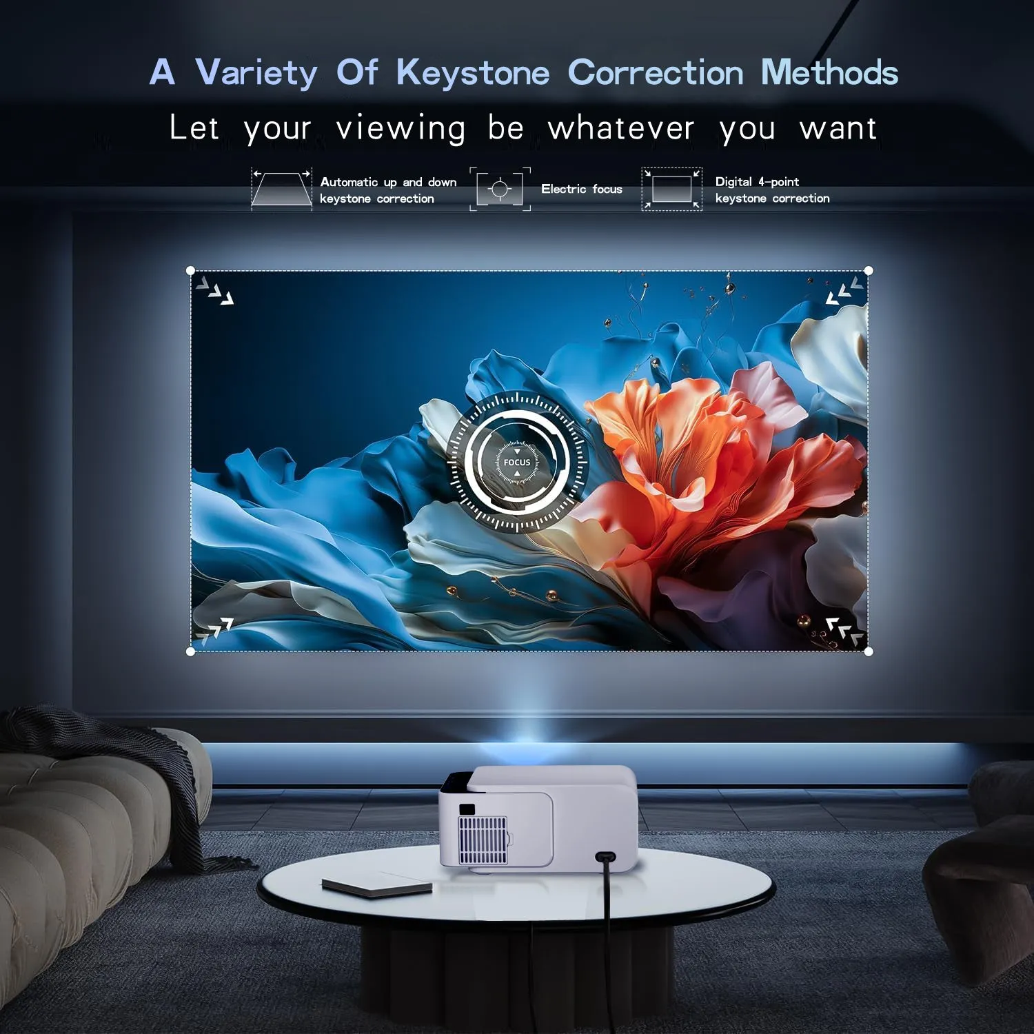Smart Mini Projector with WiFi and Bluetooth [Android 13.0/Electric focus] Portable Projector 4K Support, HD 1080P Supported Home Theater Video Projector -White