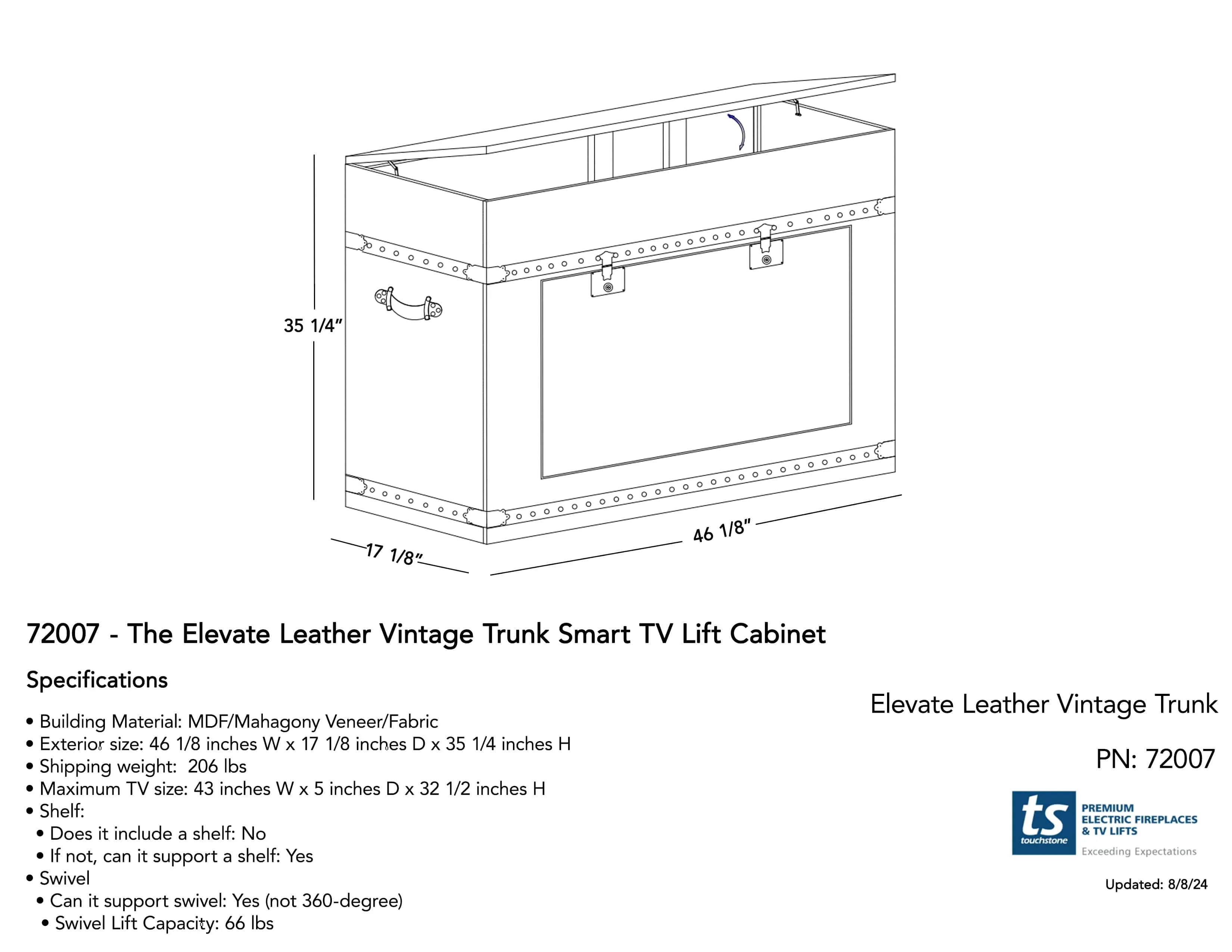 The Elevate 72007 Leather Vintage Trunk Smart TV Lift Cabinet for 48 Inch Flat screen TVs