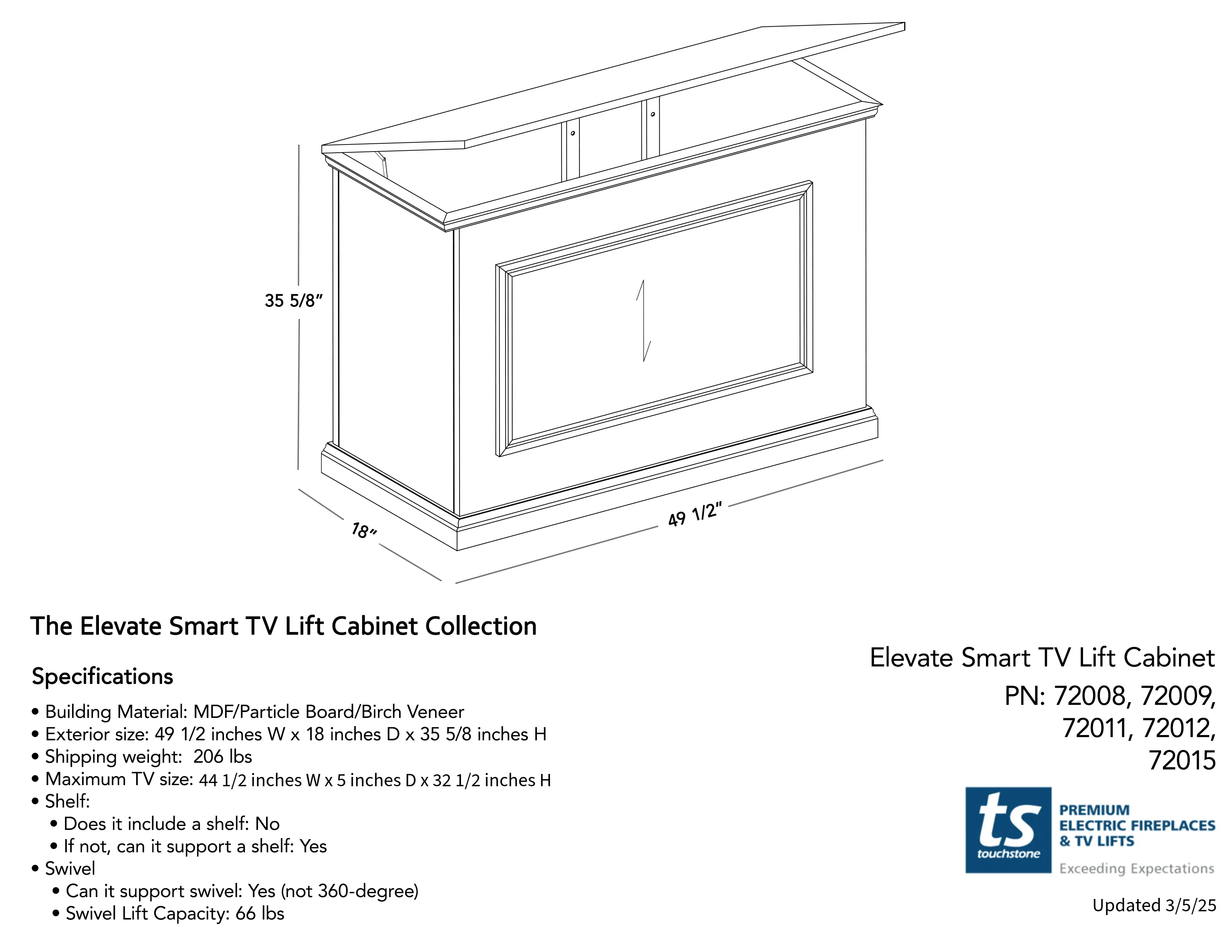 The Elevate 72008 Espresso Smart TV Lift Cabinet for 50 Inch Flat screen TVs
