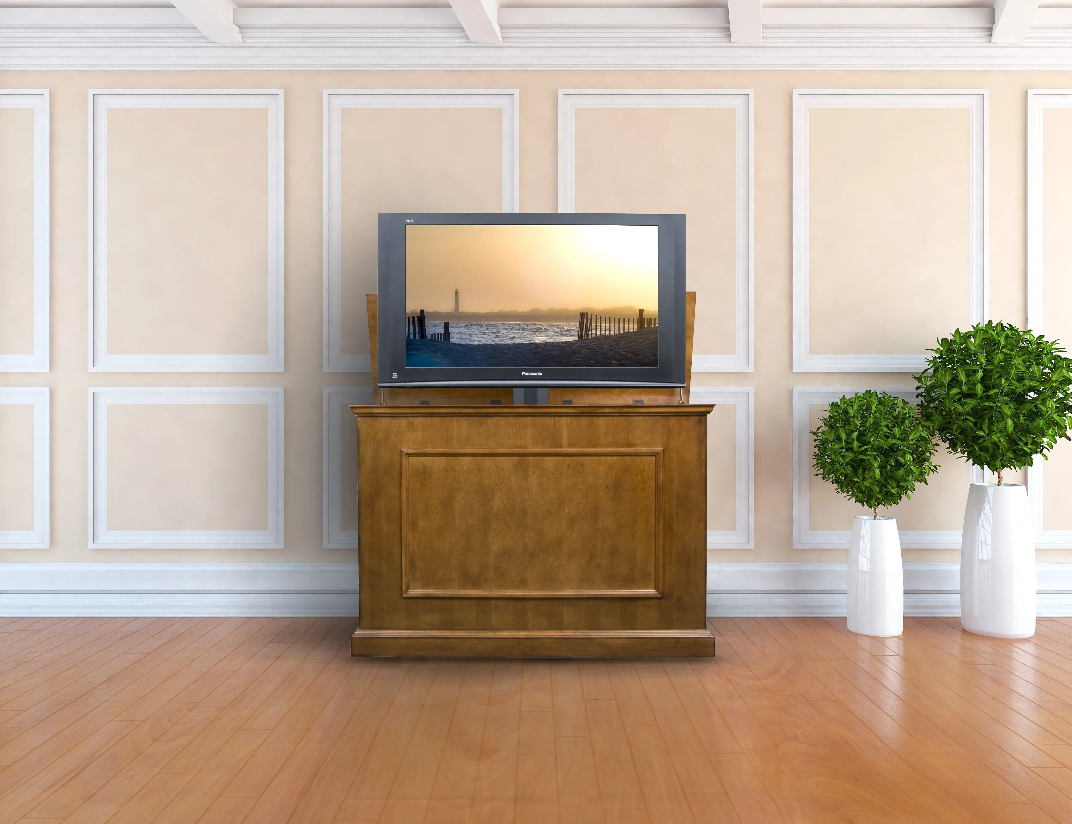 The Elevate 72009 Honey Oak Smart TV Lift Cabinet for 50 Inch Flat screen TVs
