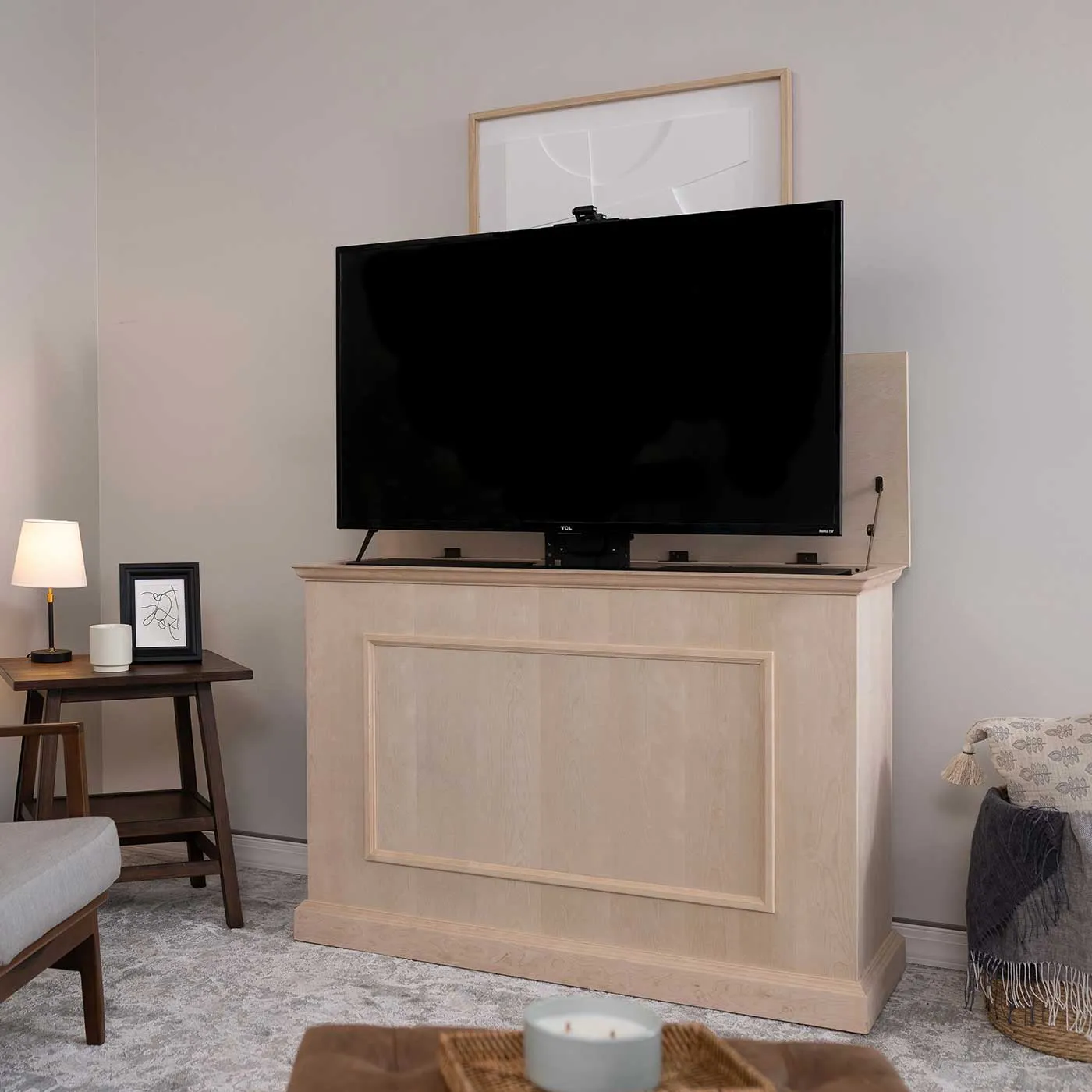 The Elevate 72012 Unfinished Smart TV Lift Cabinet for 50 Inch Flat screen TVs