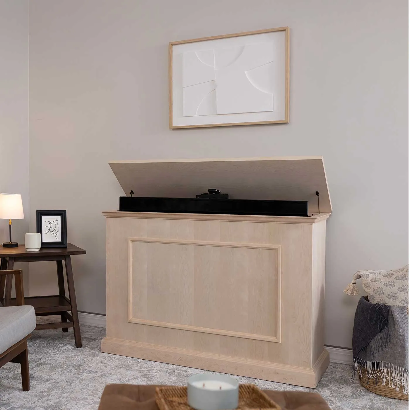 The Elevate 72012 Unfinished Smart TV Lift Cabinet for 50 Inch Flat screen TVs