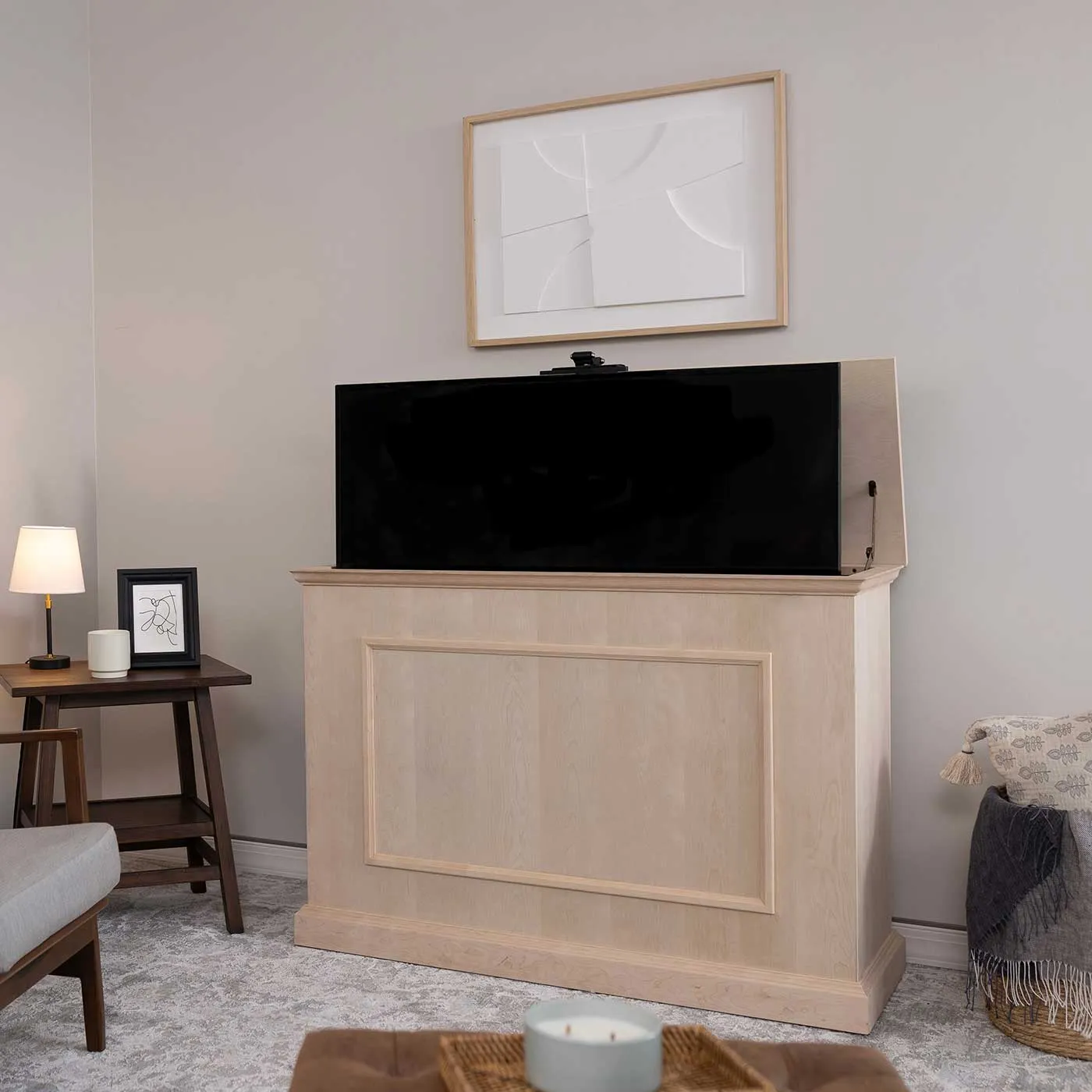 The Elevate 72012 Unfinished Smart TV Lift Cabinet for 50 Inch Flat screen TVs