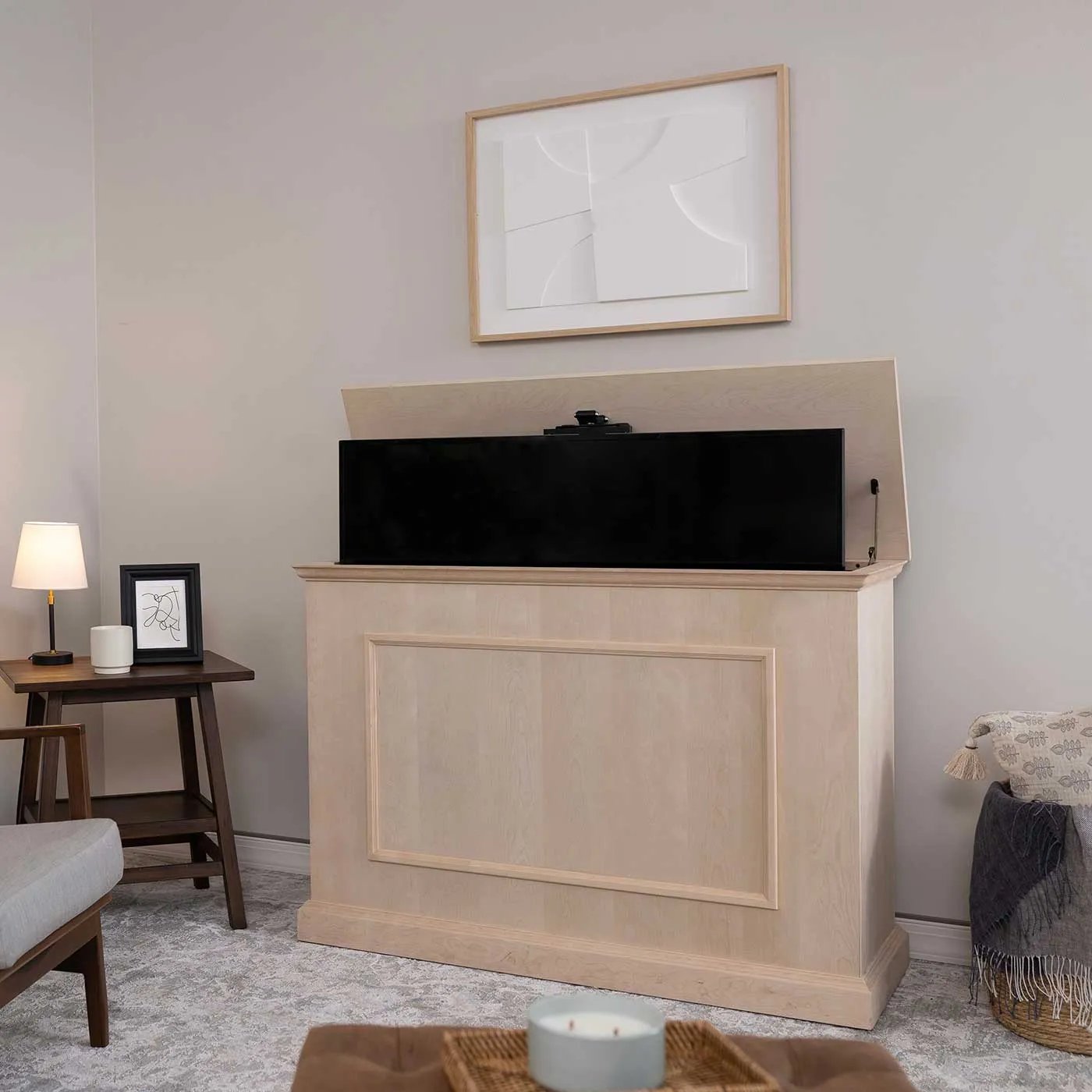 The Elevate 72012 Unfinished Smart TV Lift Cabinet for 50 Inch Flat screen TVs