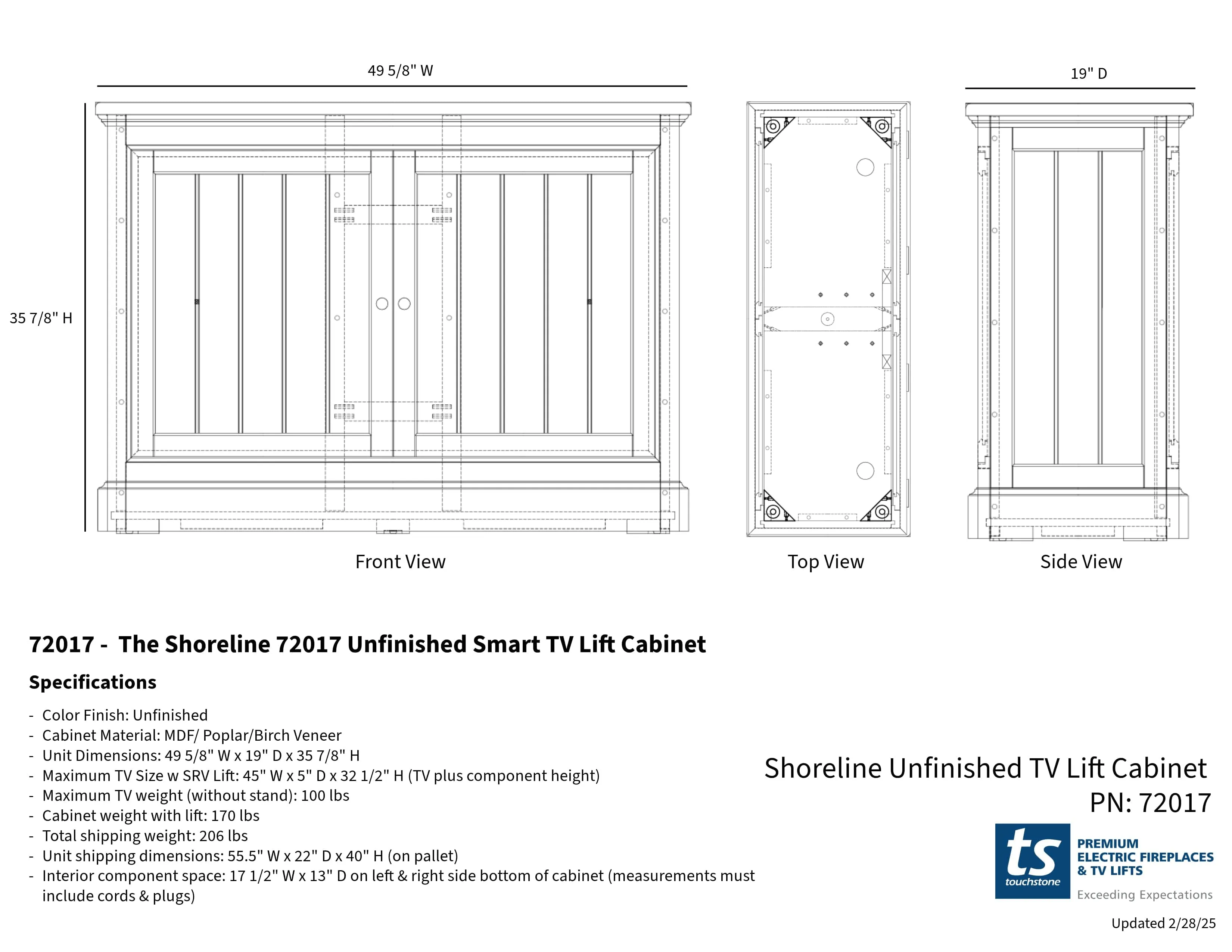 The Shoreline 72017 Unfinished Smart TV Lift Cabinet for 50 Inch Flat screen TVs