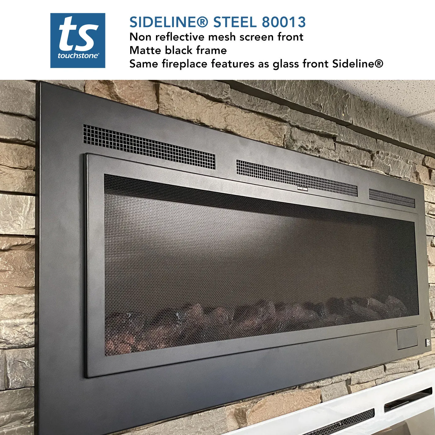 The Sideline Steel 50 Inch Mesh Screen Non Reflective Recessed Electric Fireplace 80013