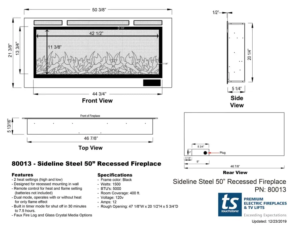The Sideline Steel 50 Inch Mesh Screen Non Reflective Recessed Electric Fireplace 80013