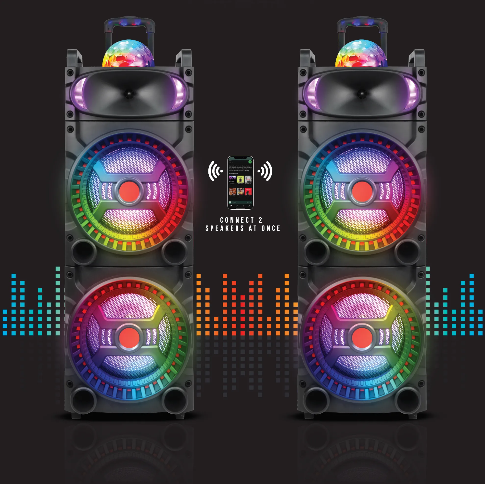 TOPTECH RIO-210, 2x10 Inch Bluetooth Speaker, RGB Disco Lights, Extra Bass, 8000W Power