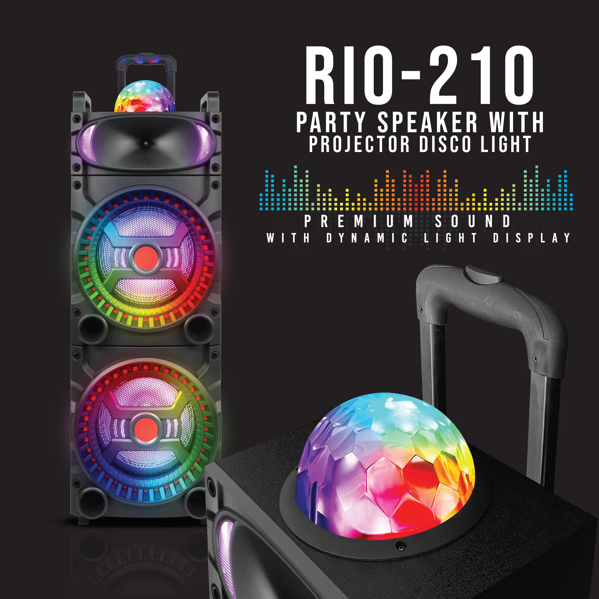 TOPTECH RIO-210, 2x10 Inch Bluetooth Speaker, RGB Disco Lights, Extra Bass, 8000W Power