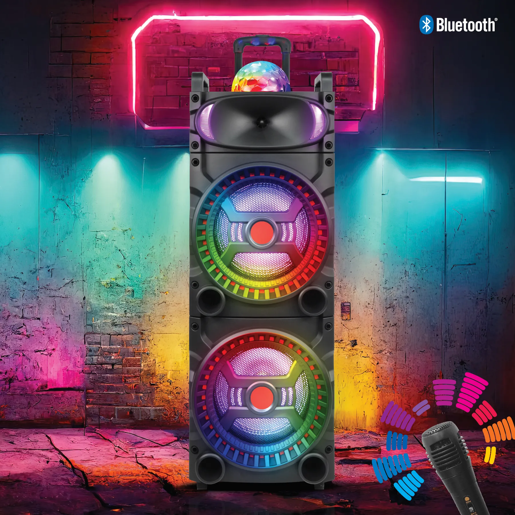 TOPTECH RIO-210, 2x10 Inch Bluetooth Speaker, RGB Disco Lights, Extra Bass, 8000W Power