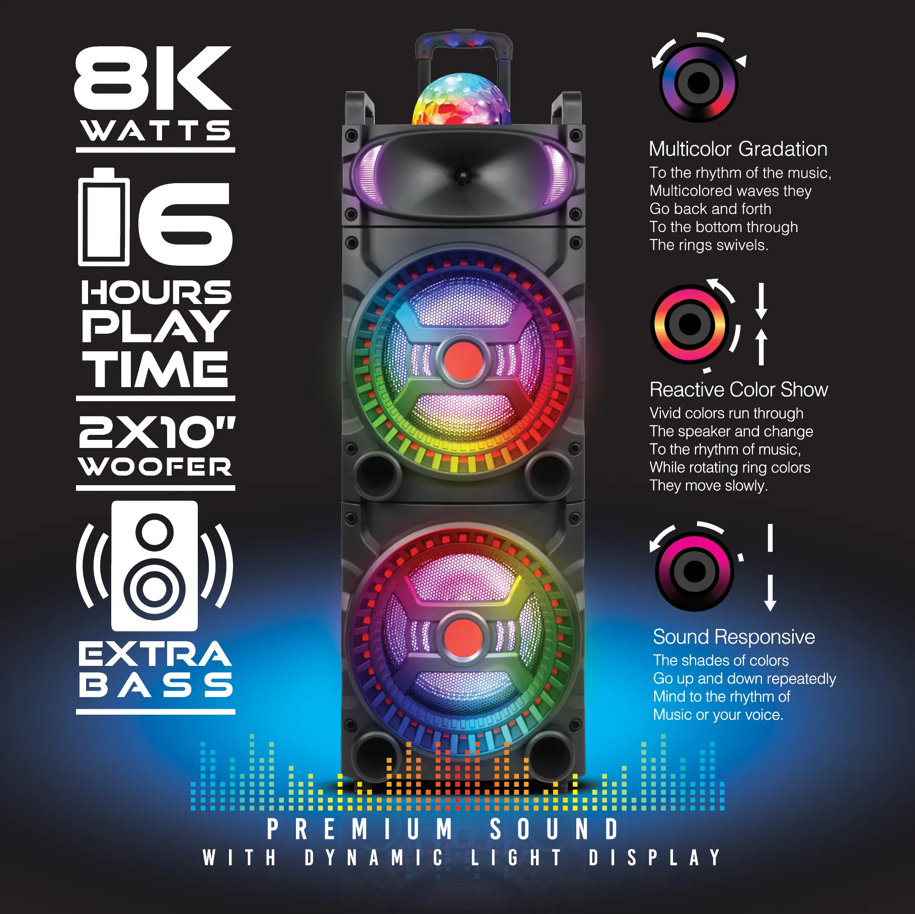 TOPTECH RIO-210, 2x10 Inch Bluetooth Speaker, RGB Disco Lights, Extra Bass, 8000W Power
