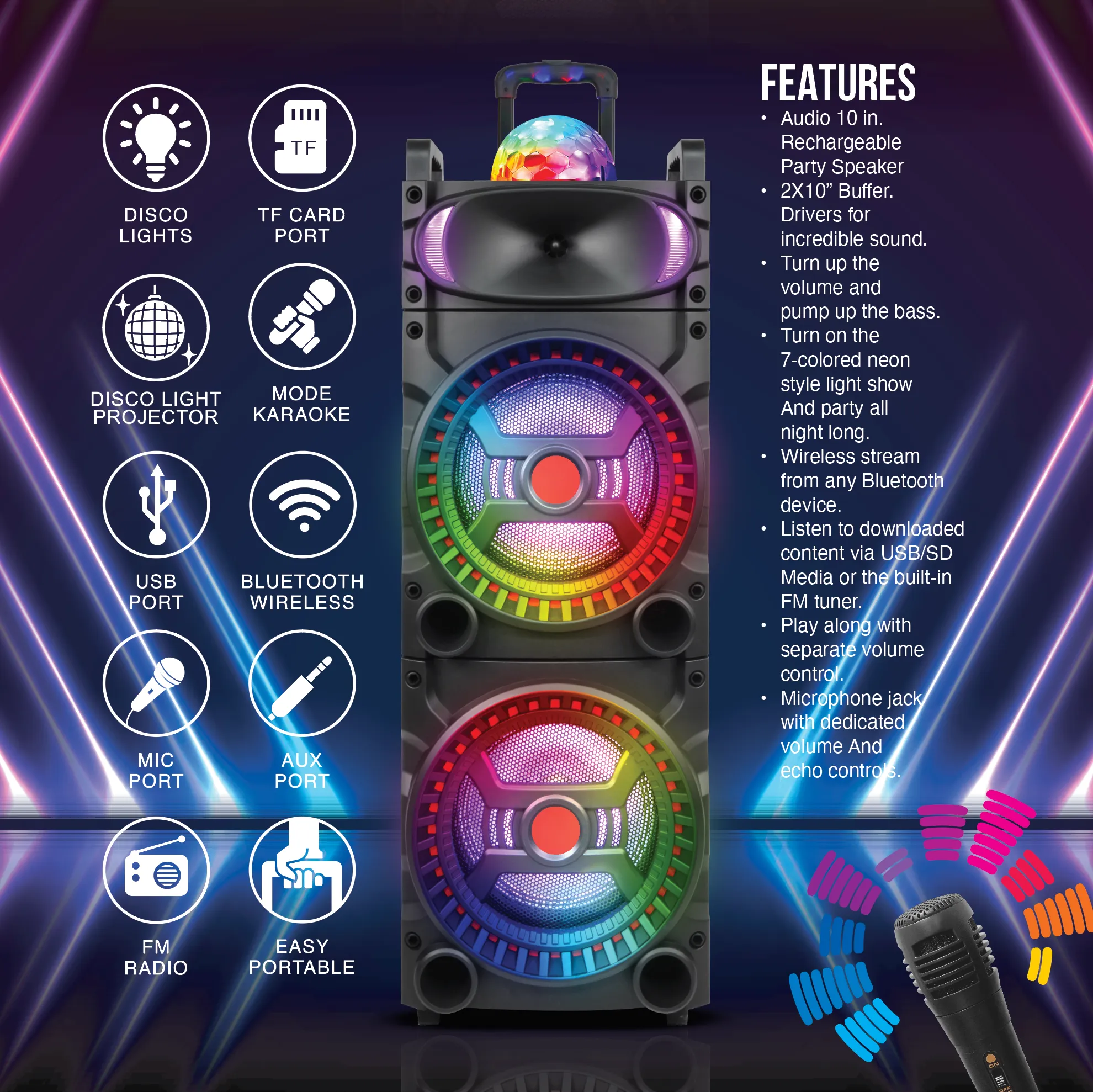 TOPTECH RIO-210, 2x10 Inch Bluetooth Speaker, RGB Disco Lights, Extra Bass, 8000W Power