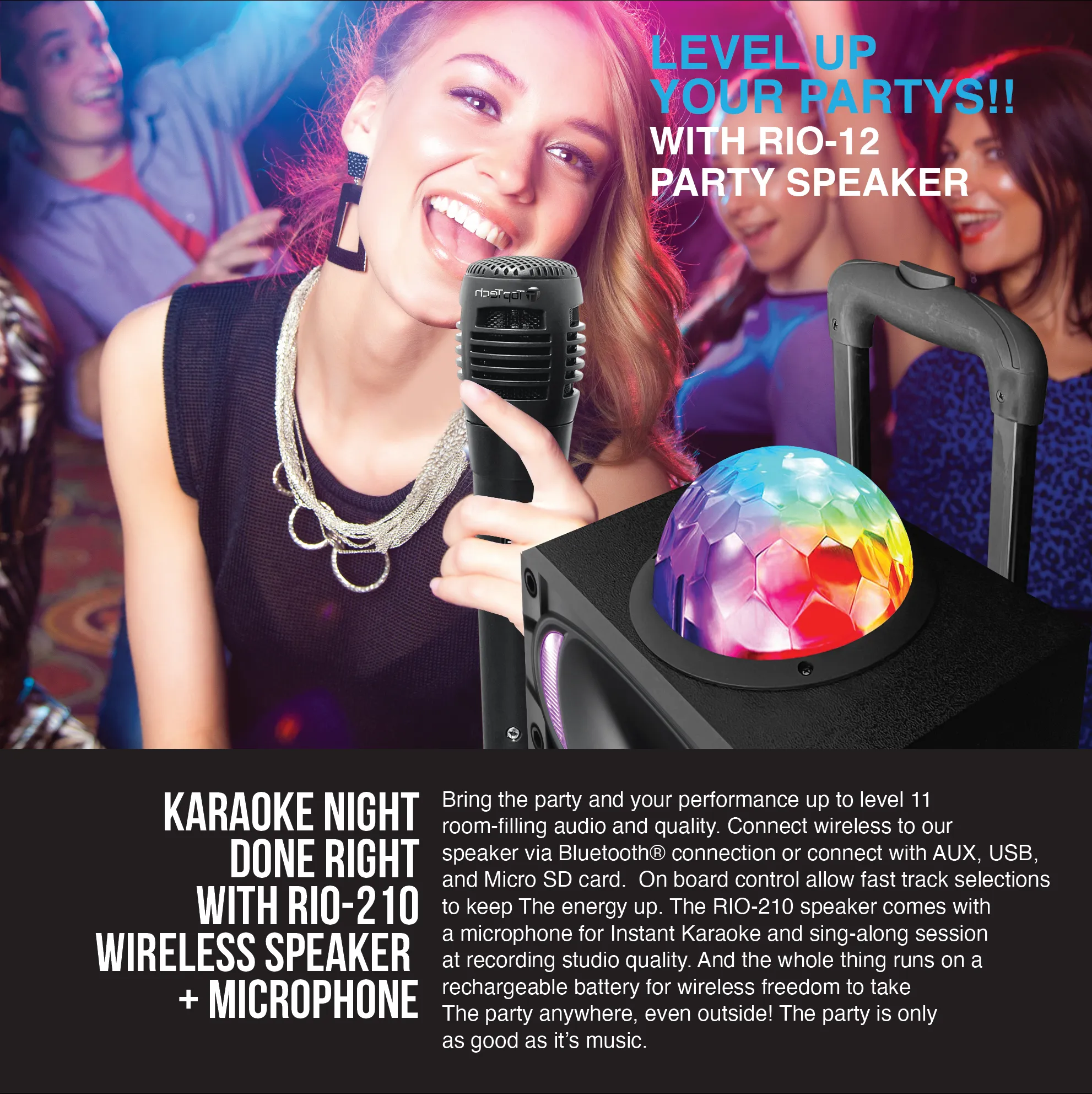 TOPTECH RIO-210, 2x10 Inch Bluetooth Speaker, RGB Disco Lights, Extra Bass, 8000W Power