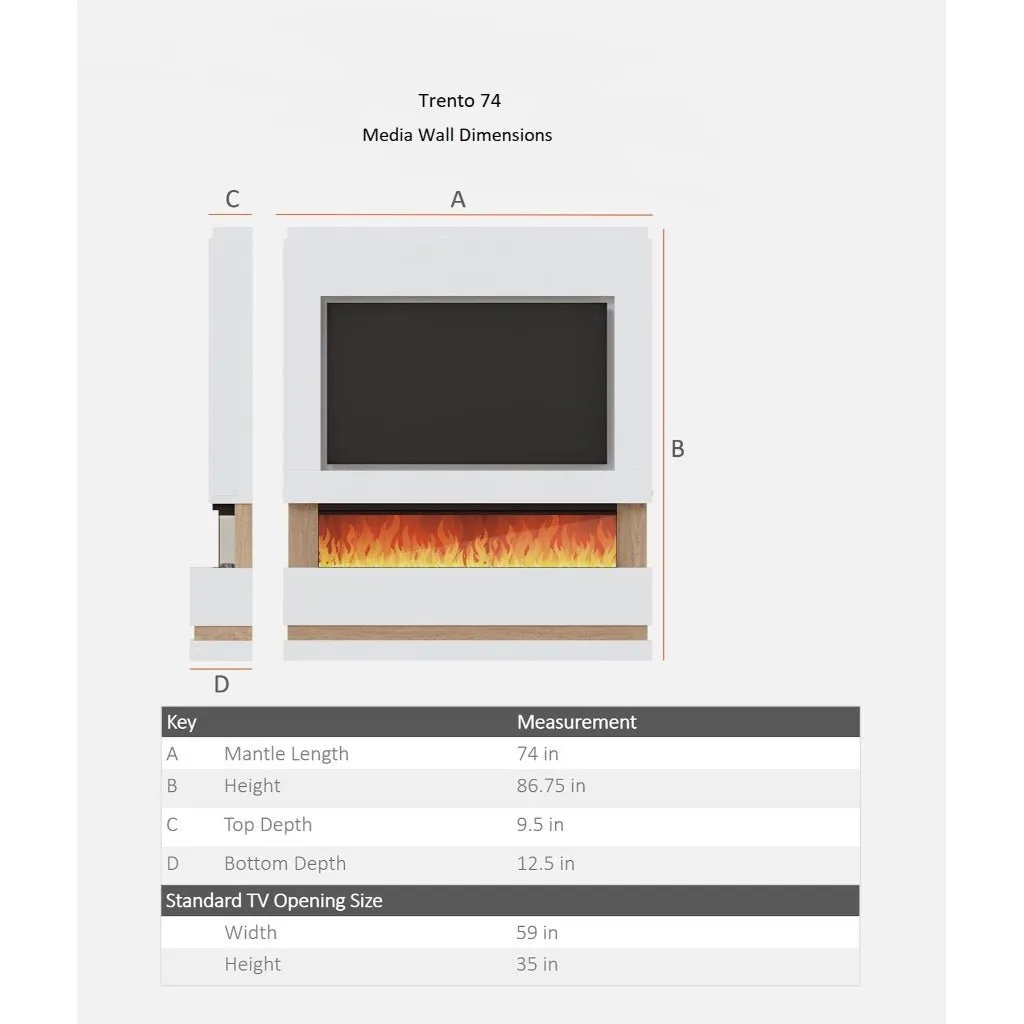 Trento 74" Pre-Built Media Wall Fireplace - Electric Fire Package