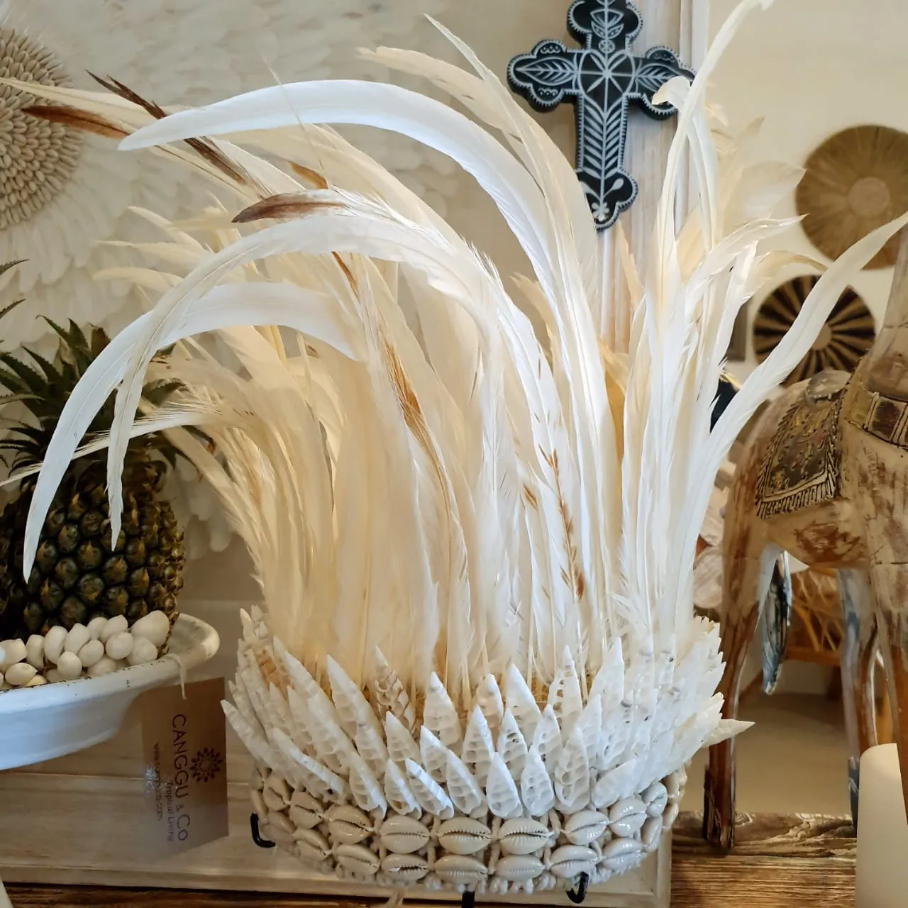 Tribal Feather & Shell Headdress With Stand