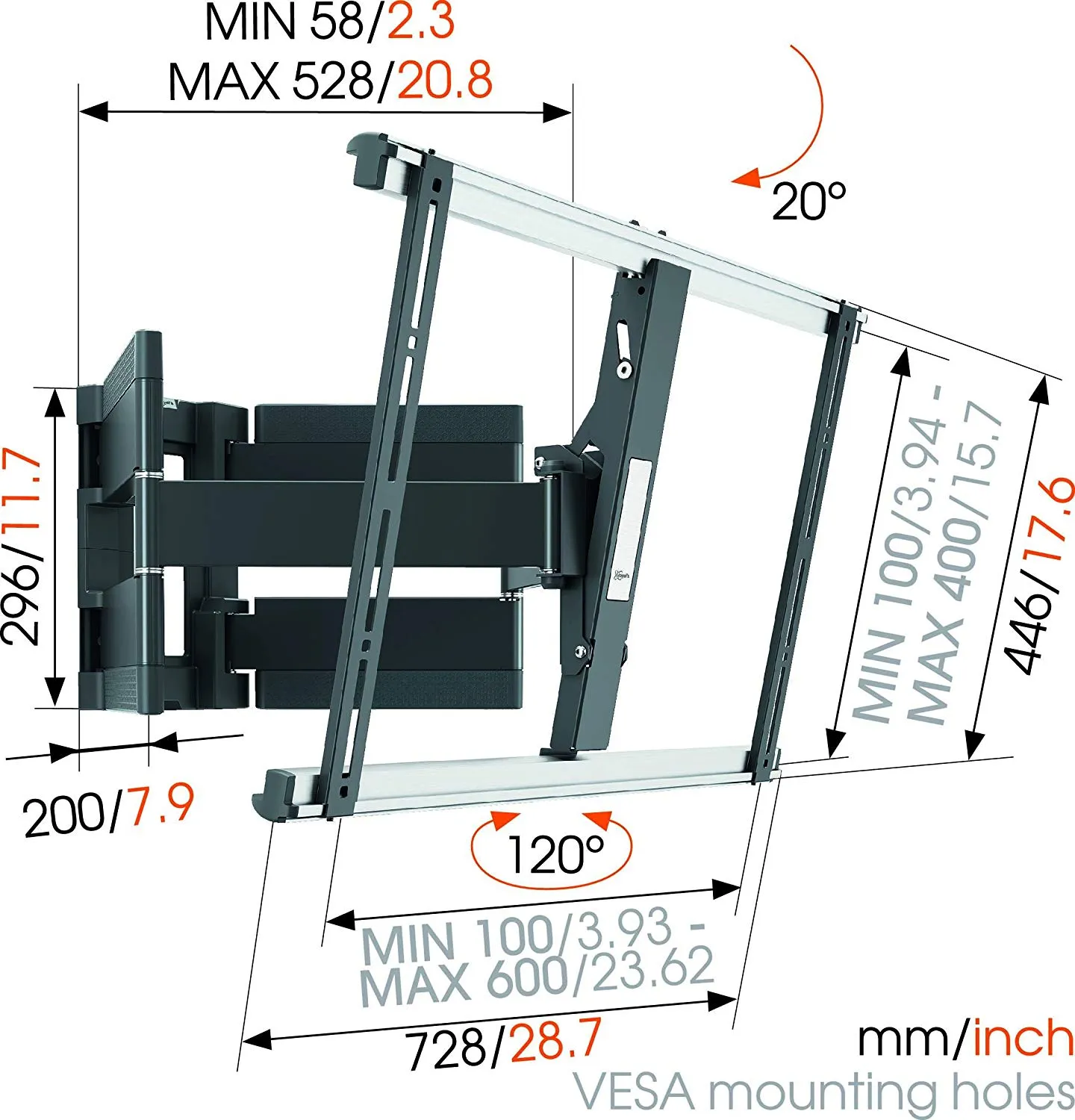 Vogel's THIN 550 Ultra Strong Low Profile Premium TV Wall Mount for XXL Heavy TVs up to 100 inch / 154 pound, Full Motion 120° Swivel and 20° Tilt, VESA max. 600x400, Black
