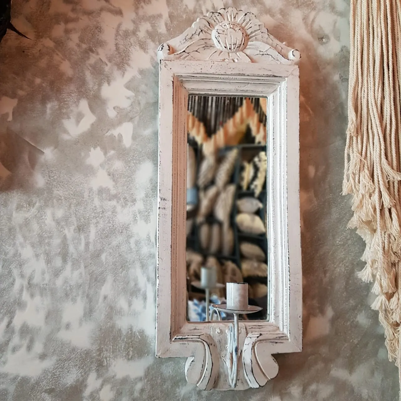 Whitewashed Antique Wooden Wall Mirror With Candle Holder