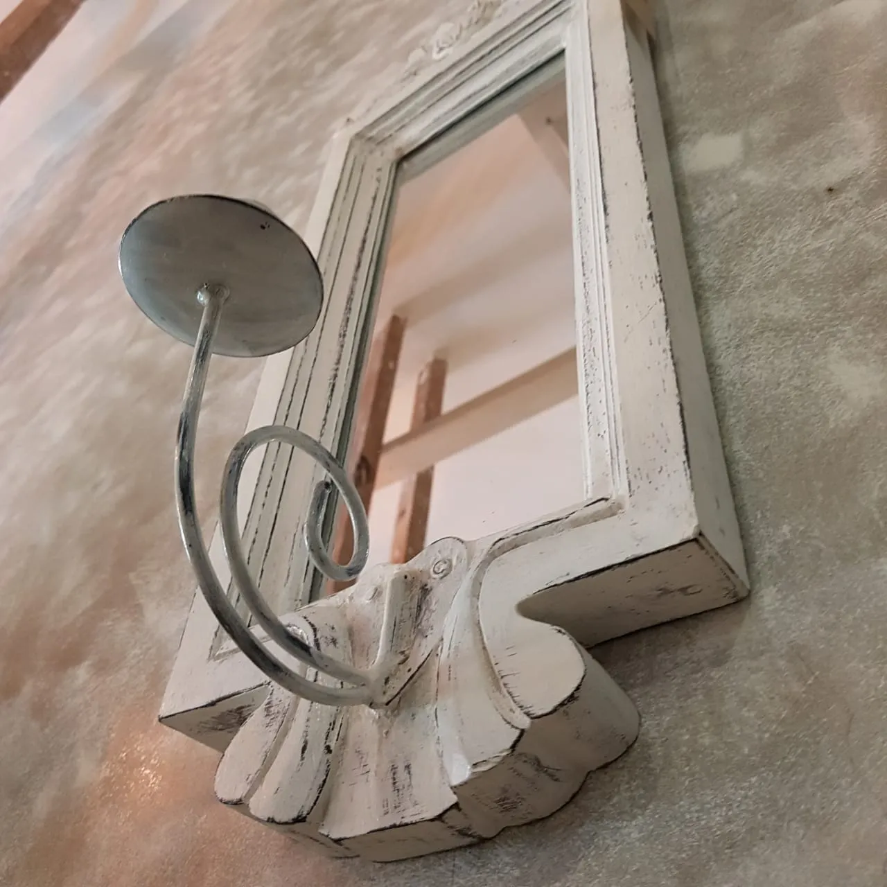 Whitewashed Antique Wooden Wall Mirror With Candle Holder