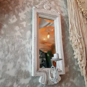 Whitewashed Antique Wooden Wall Mirror With Candle Holder