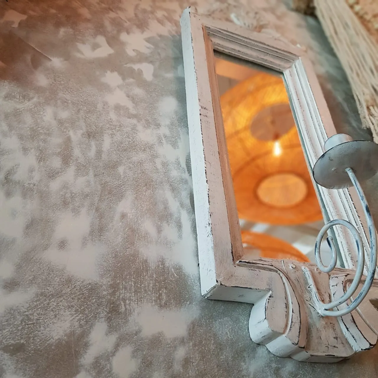 Whitewashed Antique Wooden Wall Mirror With Candle Holder