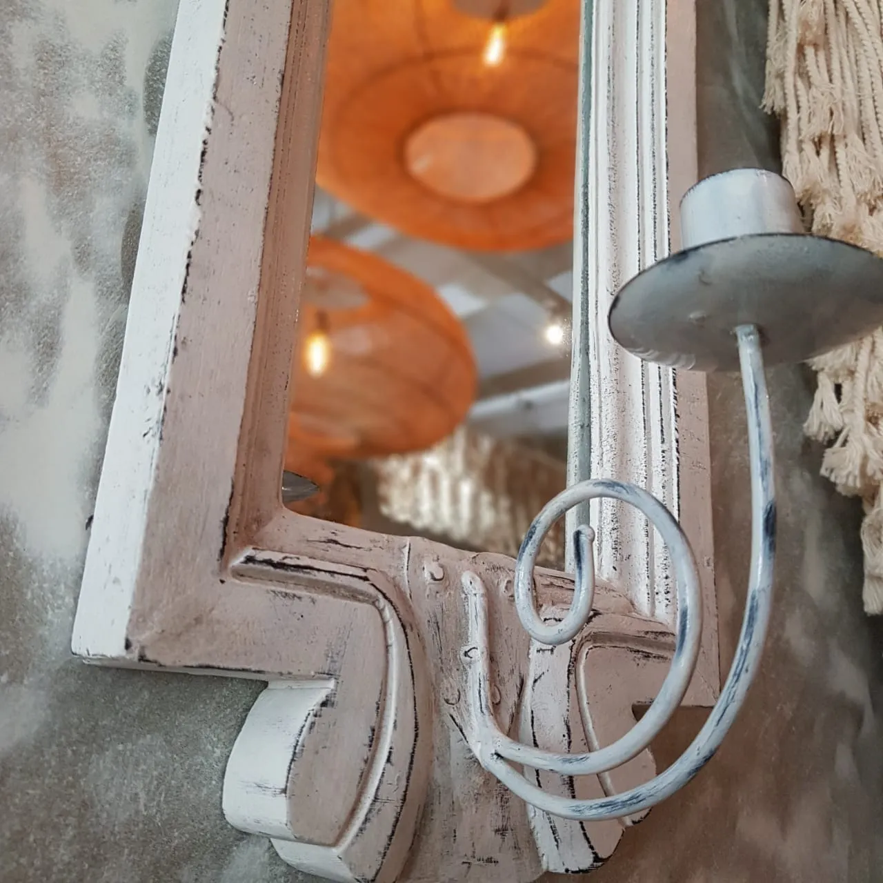 Whitewashed Antique Wooden Wall Mirror With Candle Holder
