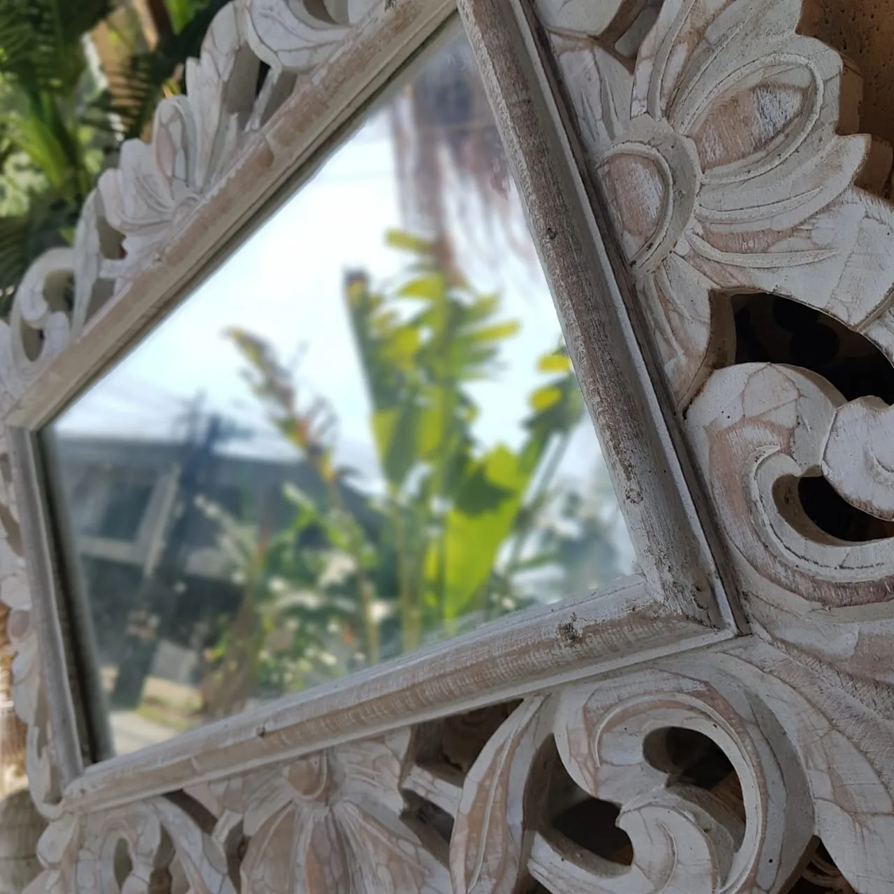 Whitewashed Carved Wooden Table Mirror