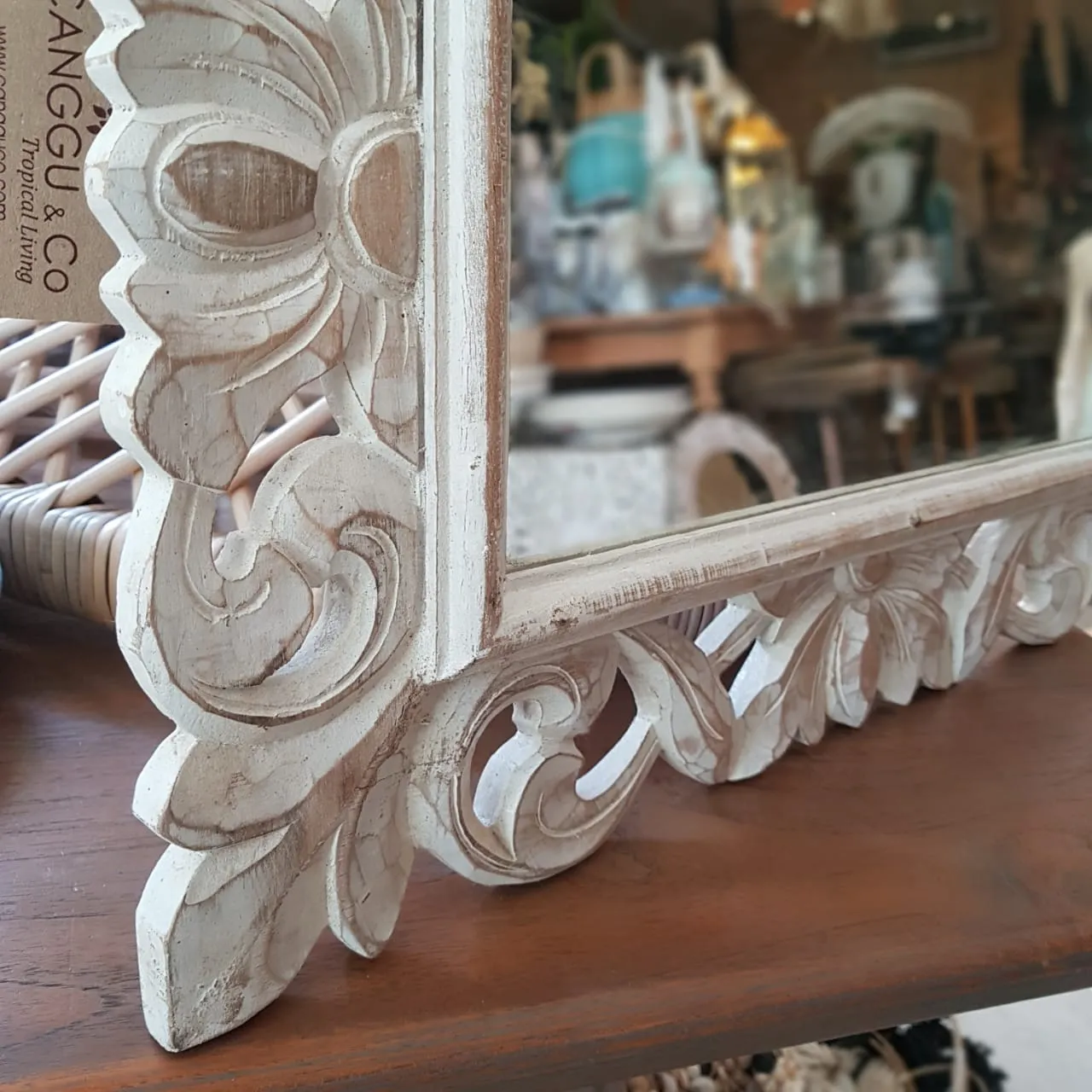 Whitewashed Carved Wooden Table Mirror