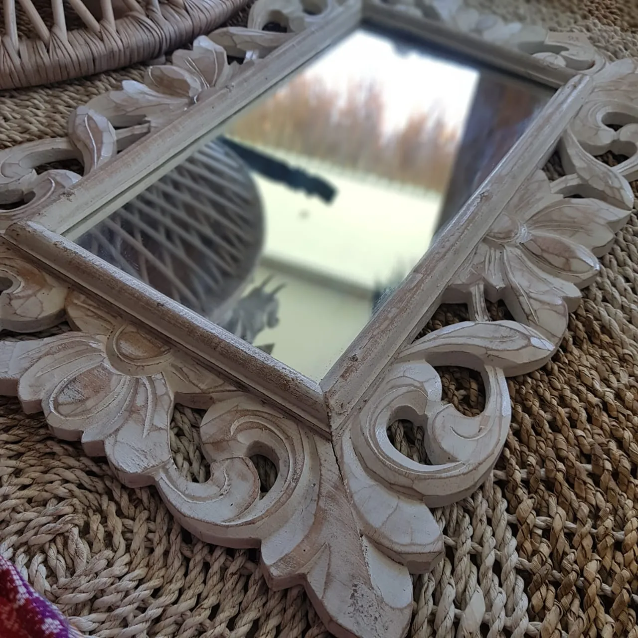 Whitewashed Carved Wooden Table Mirror