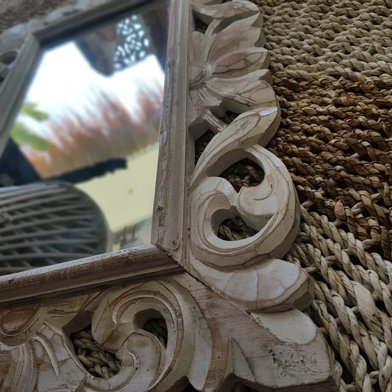 Whitewashed Carved Wooden Table Mirror