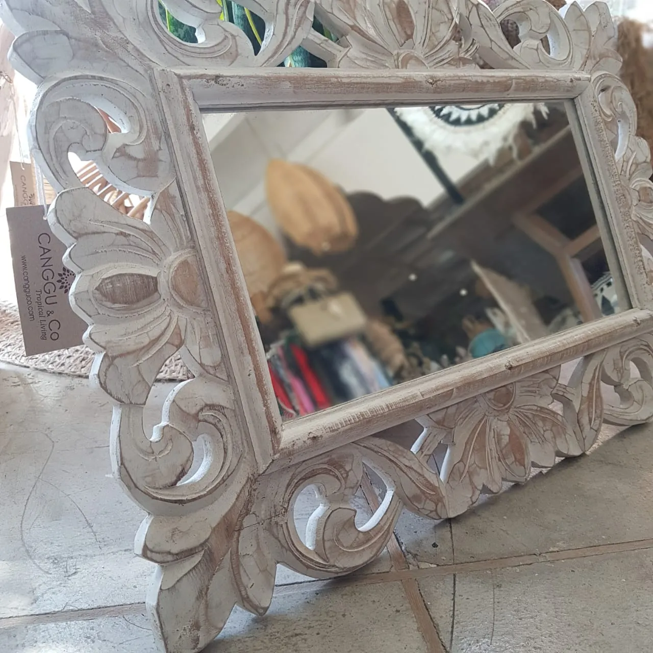 Whitewashed Carved Wooden Table Mirror