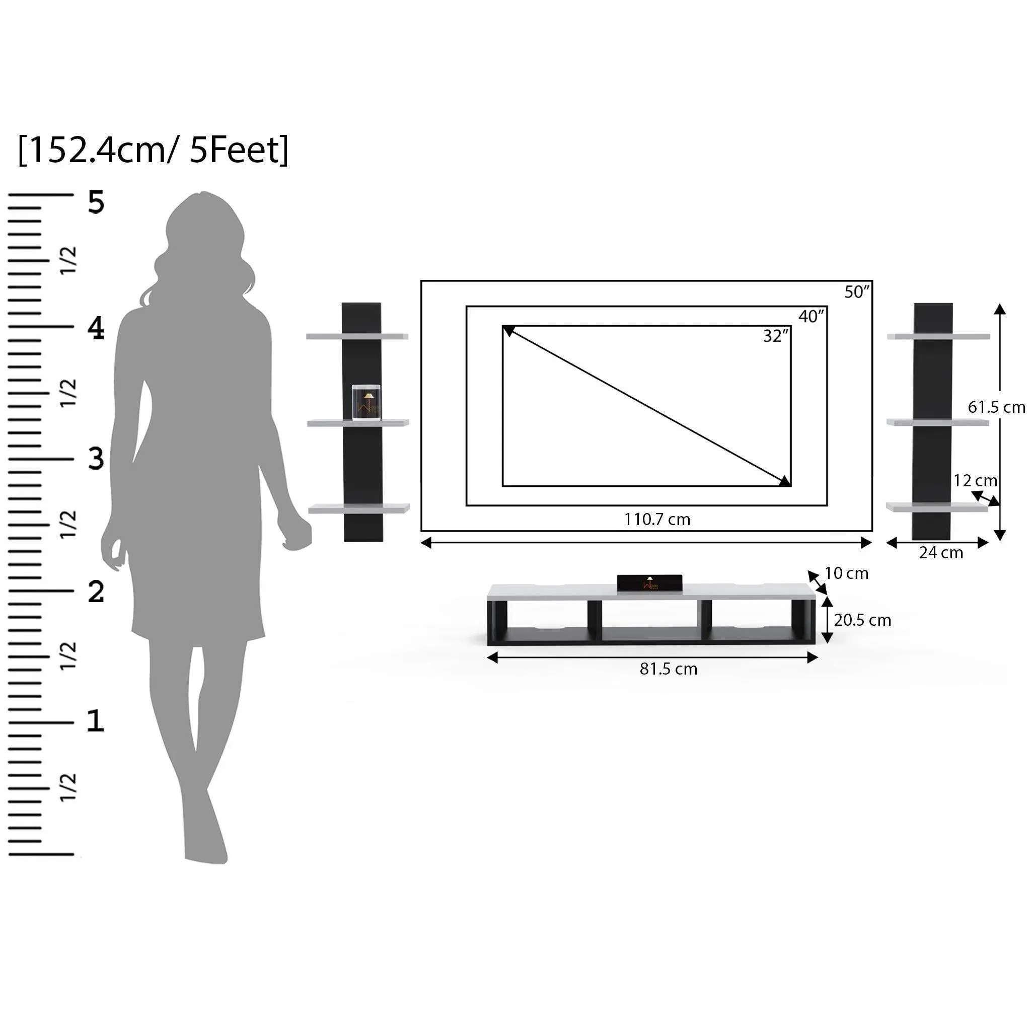 Wooden Twist Wall Mounted TV Unit, Cabinet, with TV Stand Unit Wall Shelf for Living Room
