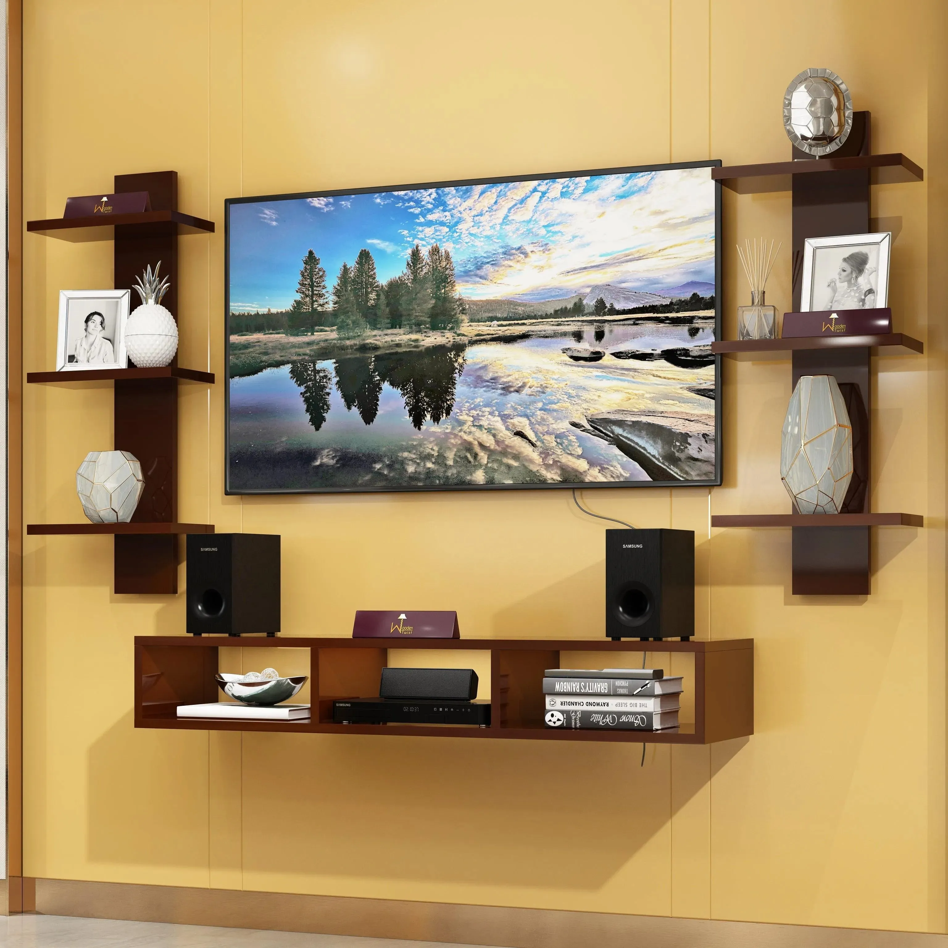 Wooden Twist Wall Mounted TV Unit, Cabinet, with TV Stand Unit Wall Shelf for Living Room