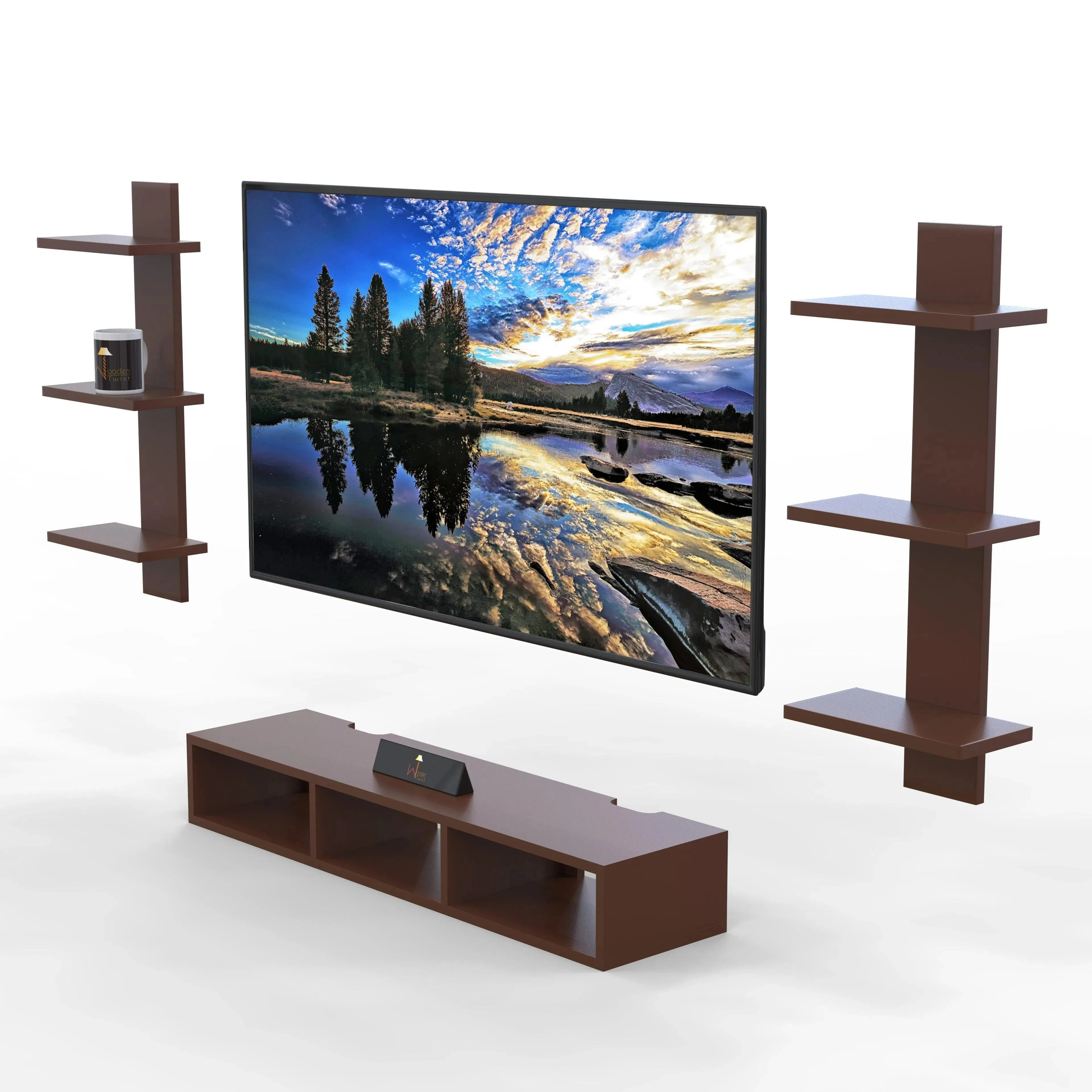 Wooden Twist Wall Mounted TV Unit, Cabinet, with TV Stand Unit Wall Shelf for Living Room