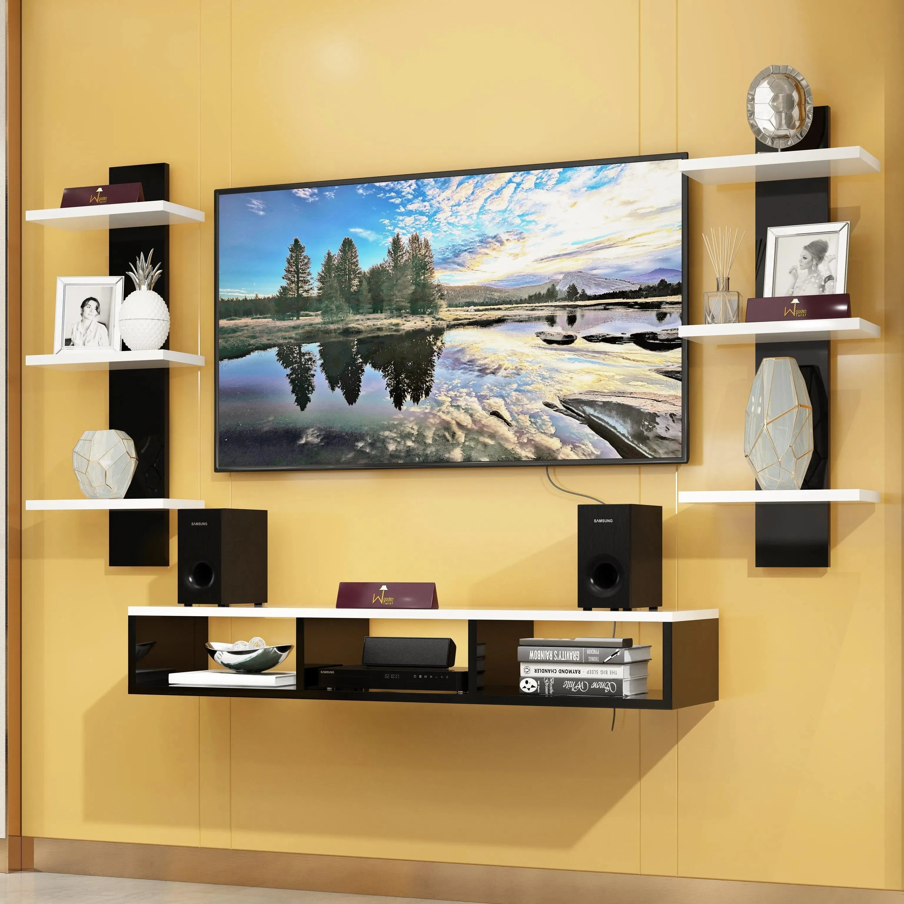 Wooden Twist Wall Mounted TV Unit, Cabinet, with TV Stand Unit Wall Shelf for Living Room