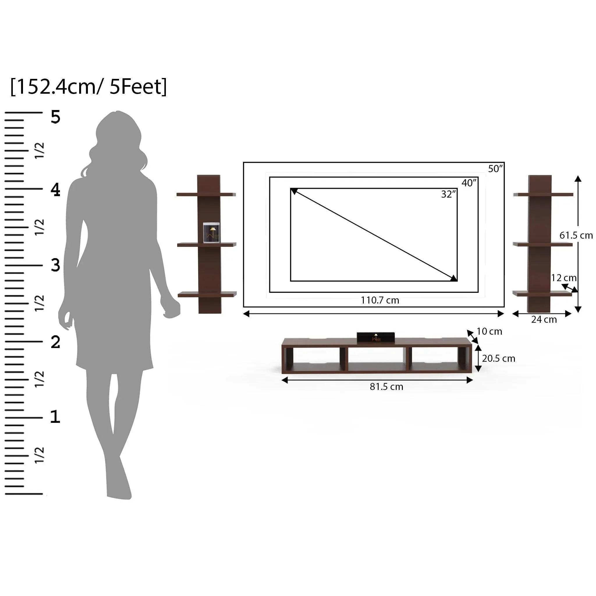 Wooden Twist Wall Mounted TV Unit, Cabinet, with TV Stand Unit Wall Shelf for Living Room
