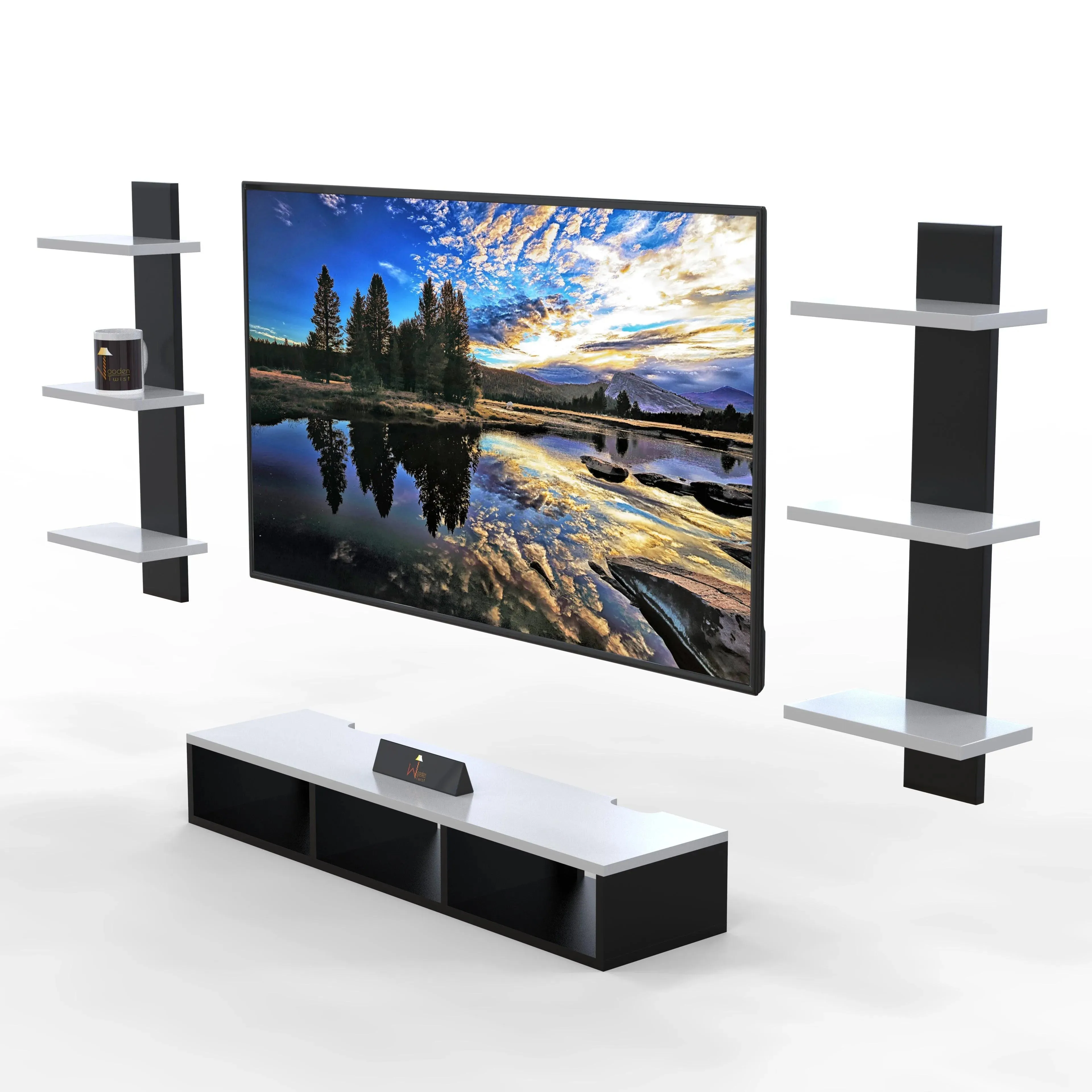 Wooden Twist Wall Mounted TV Unit, Cabinet, with TV Stand Unit Wall Shelf for Living Room