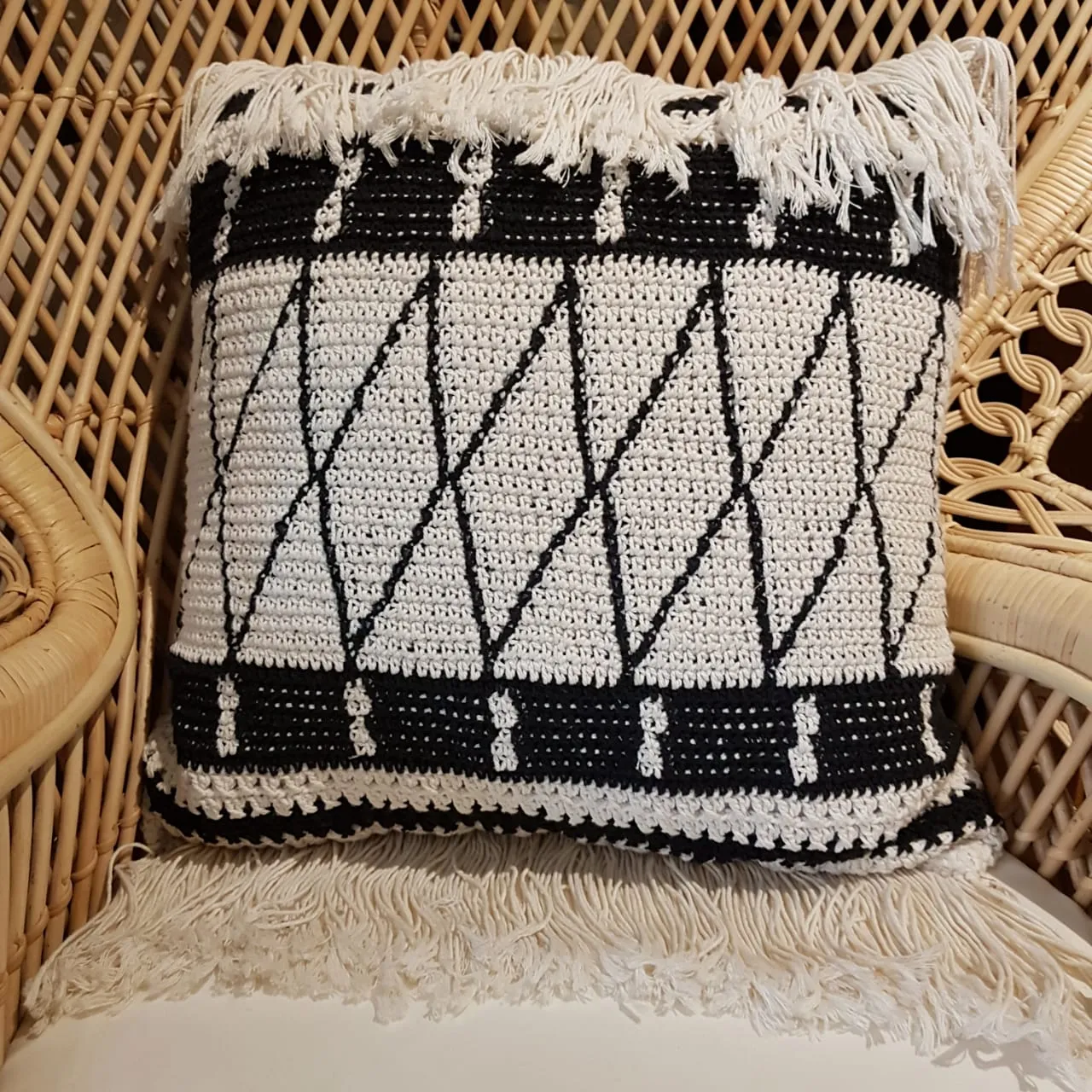 Woven Black and White Macrame Cushion With Long Fringe