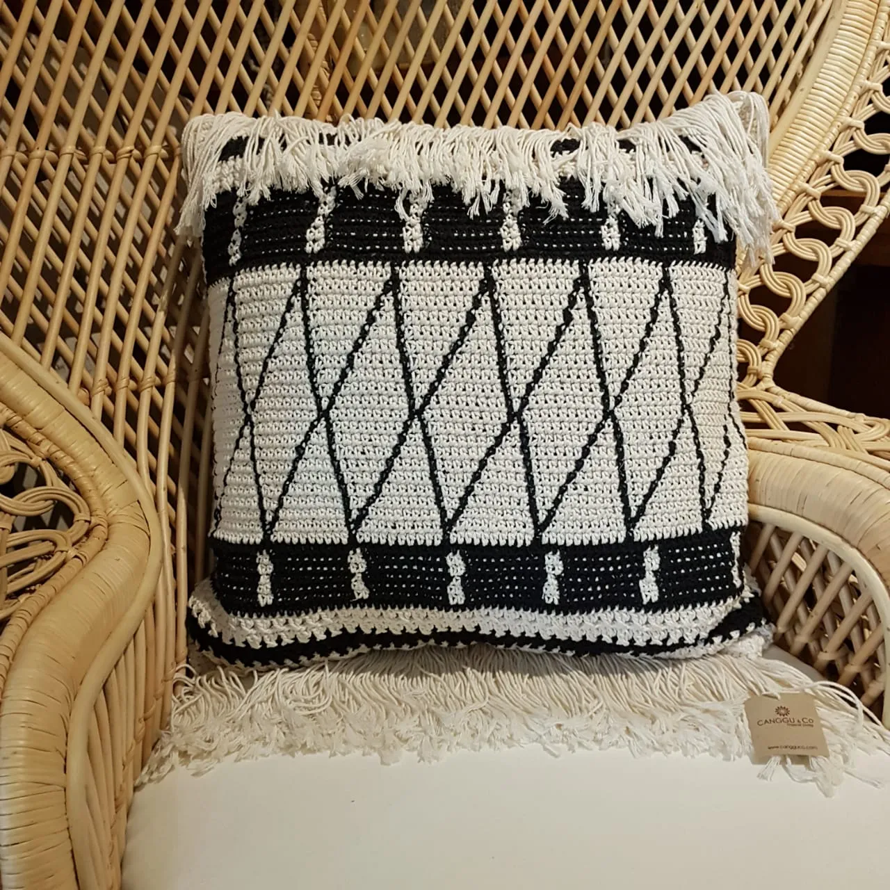 Woven Black and White Macrame Cushion With Long Fringe