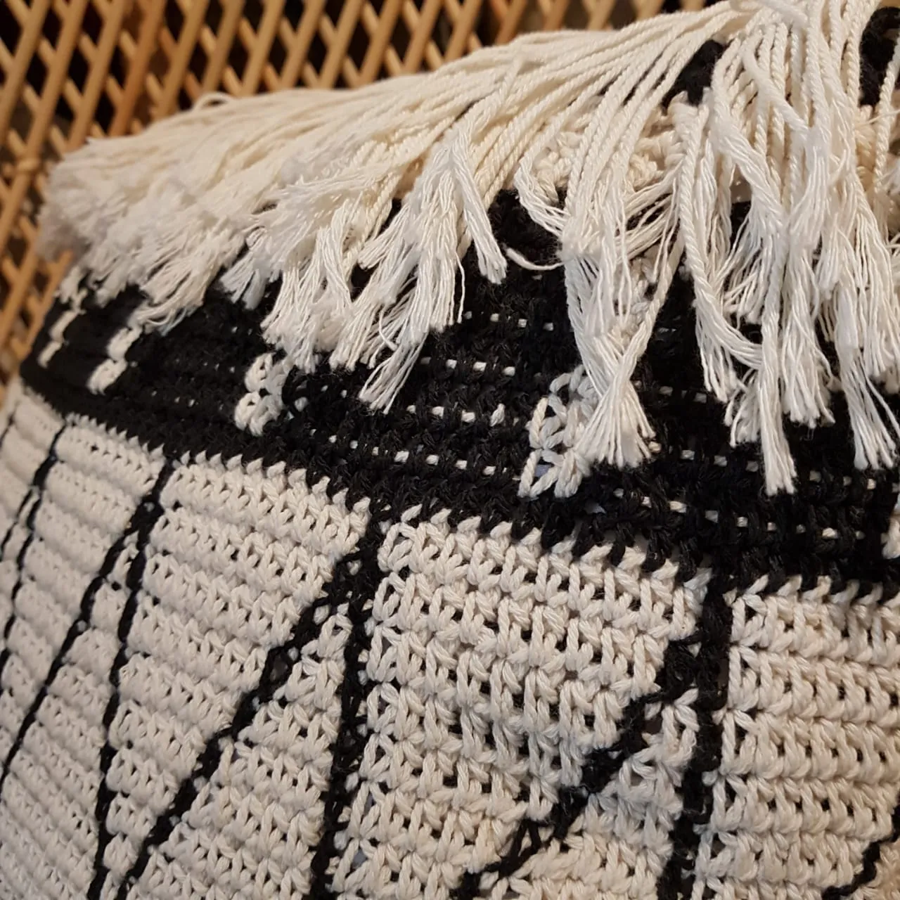Woven Black and White Macrame Cushion With Long Fringe