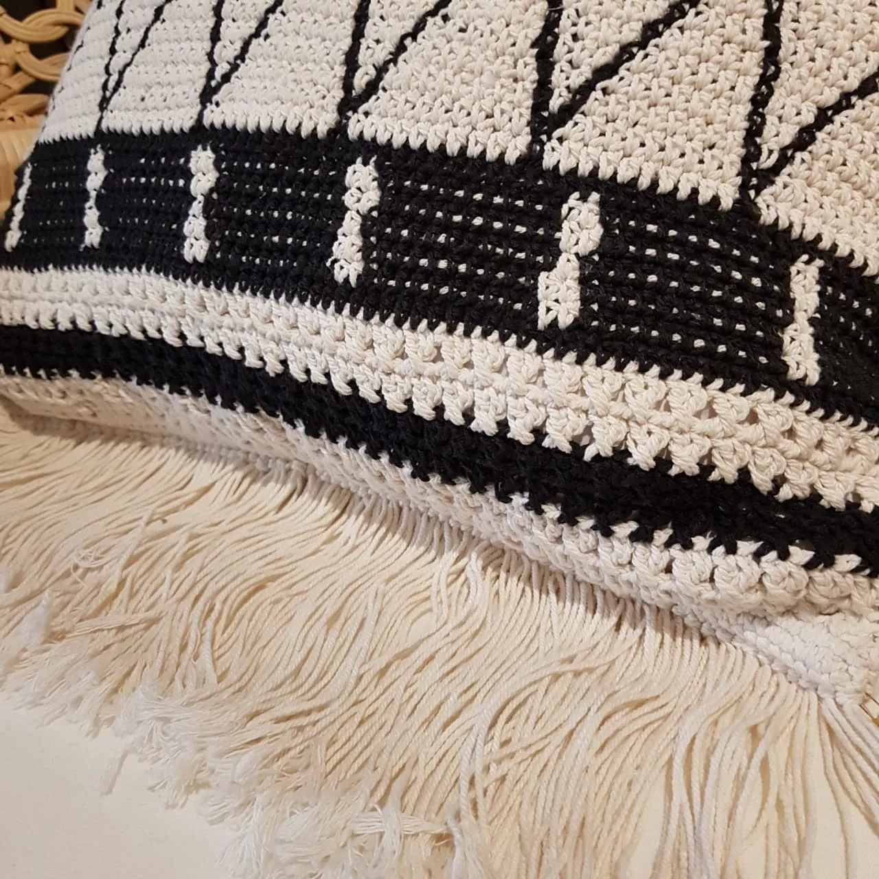 Woven Black and White Macrame Cushion With Long Fringe
