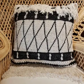 Woven Black and White Macrame Cushion With Long Fringe
