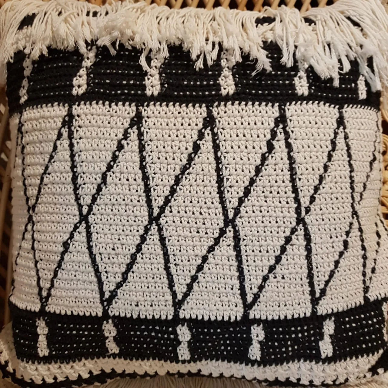 Woven Black and White Macrame Cushion With Long Fringe