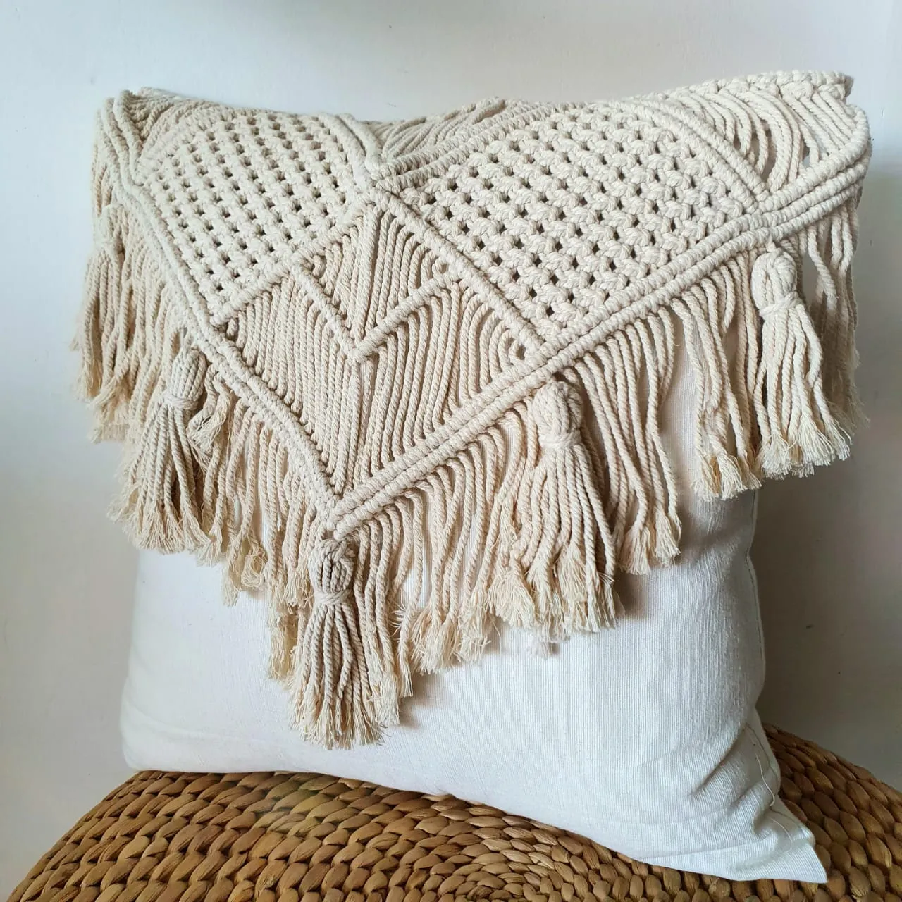 Woven Macrame & Cotton Linen Cushion with Fringe
