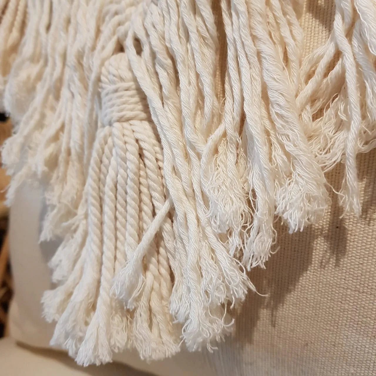 Woven Macrame & Cotton Linen Cushion with Fringe