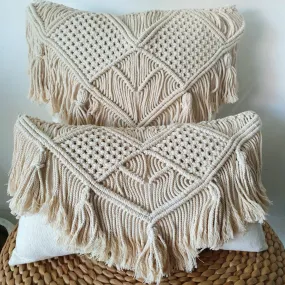 Woven Macrame & Cotton Linen Cushion with Fringe