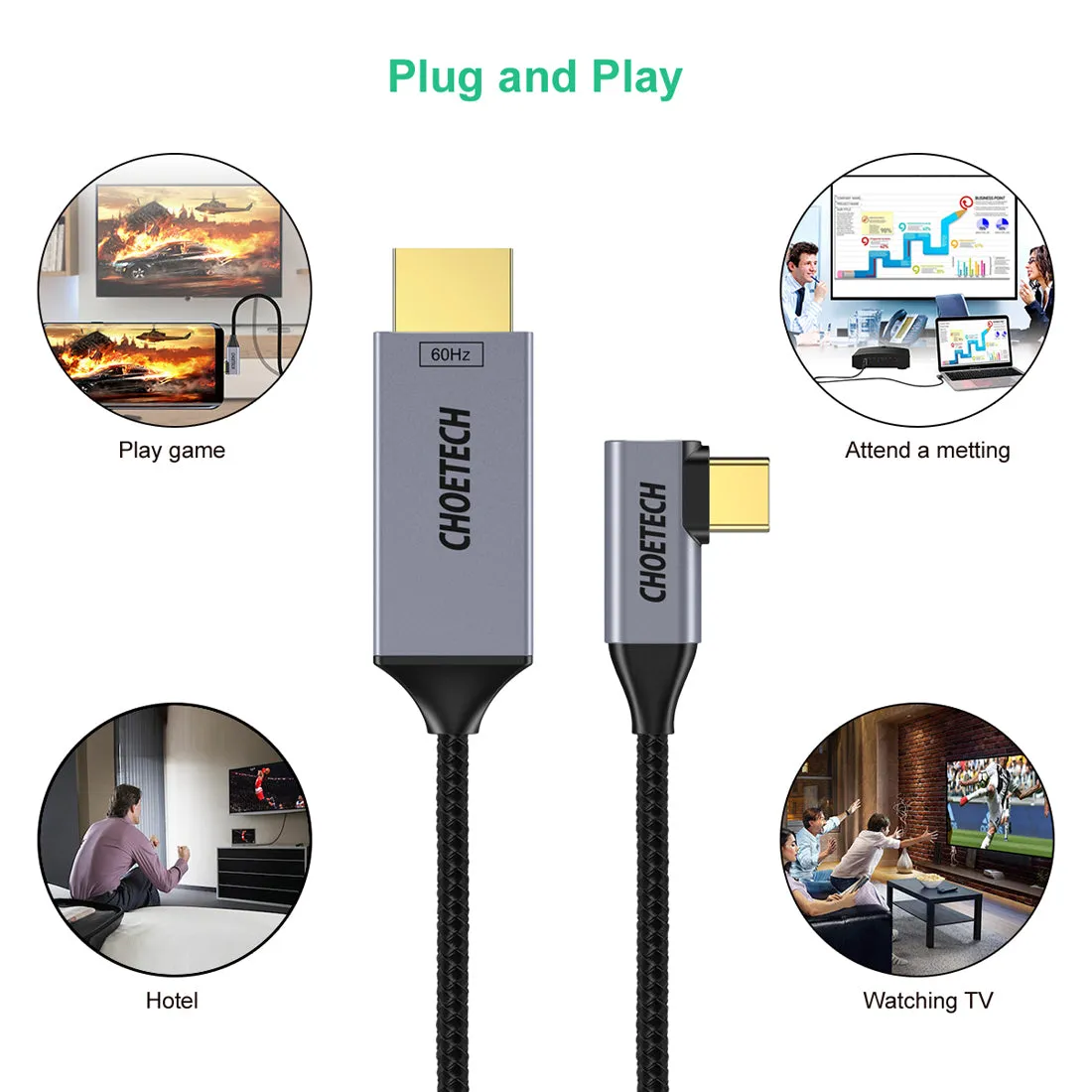 XCH-1201BK CHOETECH USB C to HDMI Cable(4K@60Hz), 6Ft USB Type C to HDMI Cable Braided Thunderbolt 3